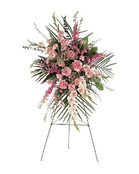 Pink Promise Spray Pink Promise Spray - This soft pink spray with its carnations gladioli and larkspur holds the promise of a brighter tomorrow. One spray of pink carnations gladioli larkspur and waxflower is delivered on an easel. Approximately 27" W x 40" H Orientation: One-Sided TF198-1