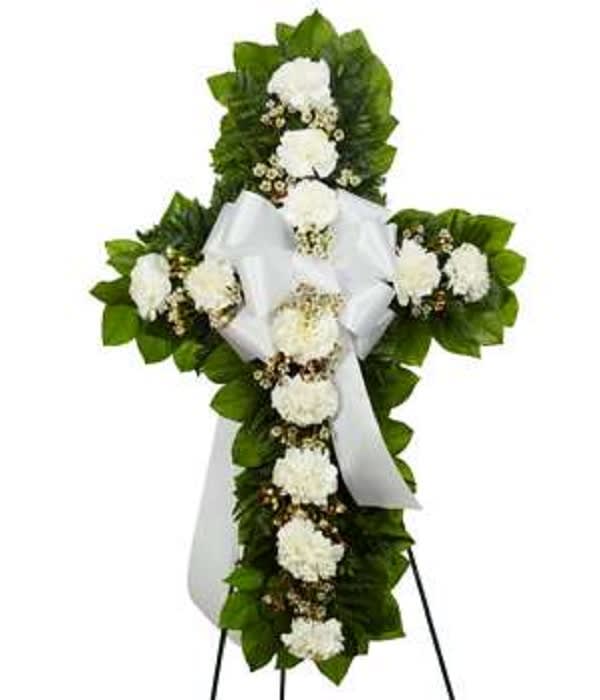 White Standing Cross(Small) White Standing Cross(Small) - Cross made with Greenery and White Carnations.