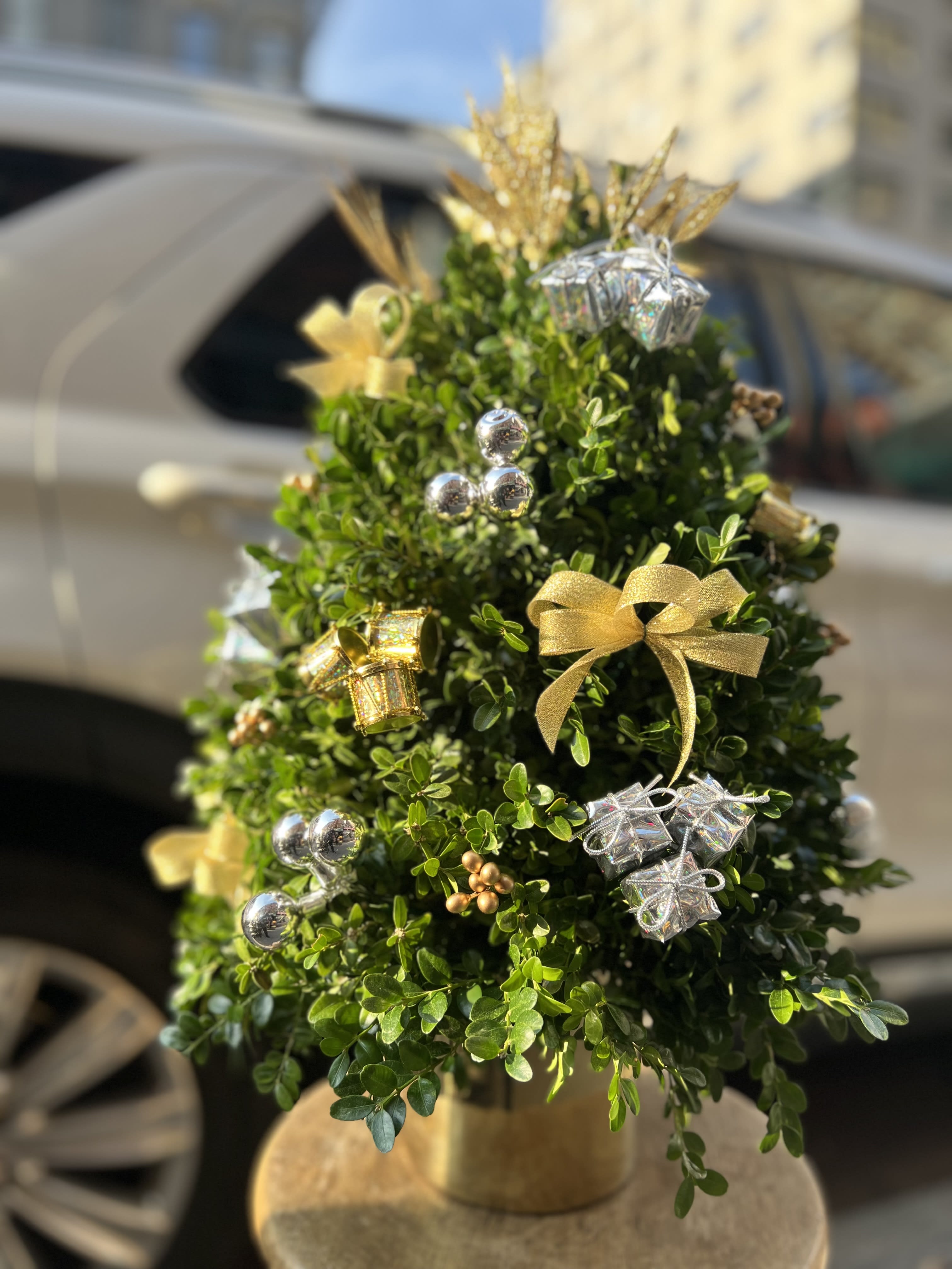 Gold & Silver Decorative Boxwood Tree Gold & Silver Decorative Boxwood Tree - Decorated Christmas tree made of boxwood perfect for table tops.