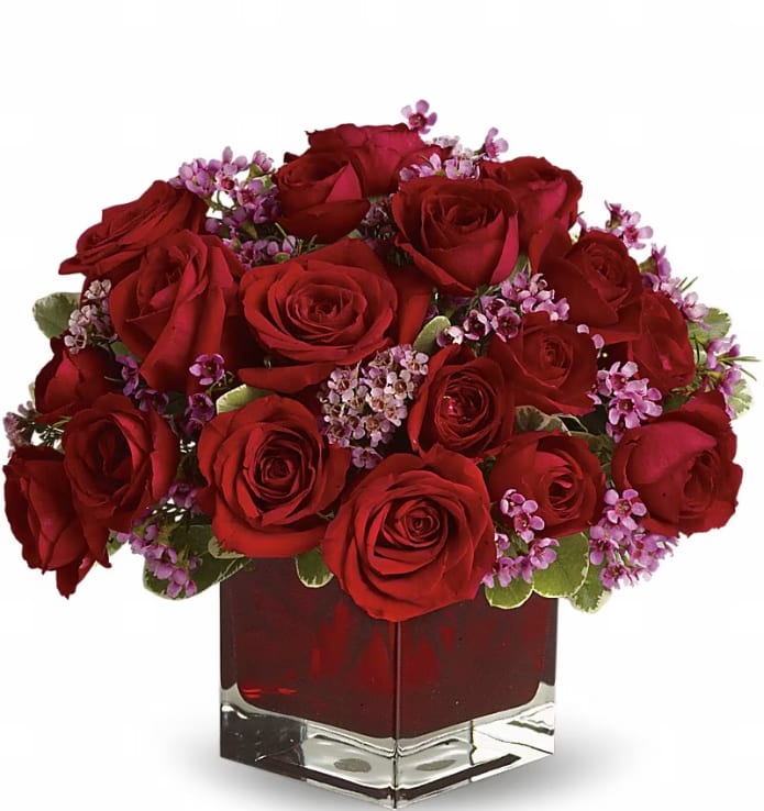 Never Let Go - Let someone special know how much their love means to you by sending them this truly original arrangement. A vision in red with lavender accents, this beautiful gift is a poignant way to celebrate love that endures. Eighteen pretty red roses with lavender waxflower and greens are delivered in a stunning ruby red cube vase.