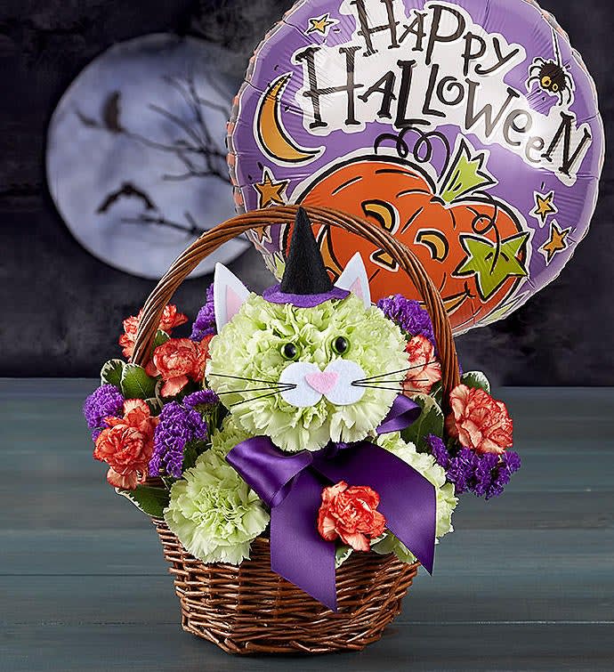 Boo boo kitty Boo boo kitty - Kitty is made out of green carnations designer choice flowers in the basket all for Halloween also include happy Halloween mylar