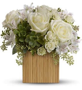 Bamboo Beauty [TFWEB623] - The lovely bouquet includes white roses, white spray roses, white alstroemeria and miniature succulents accented with assorted greenery and delivered in a wooden cube container.  Bouquet is approximately 13 1/2&quot; H x 13 3/4&quot; W       As Shown : TFWEB623 