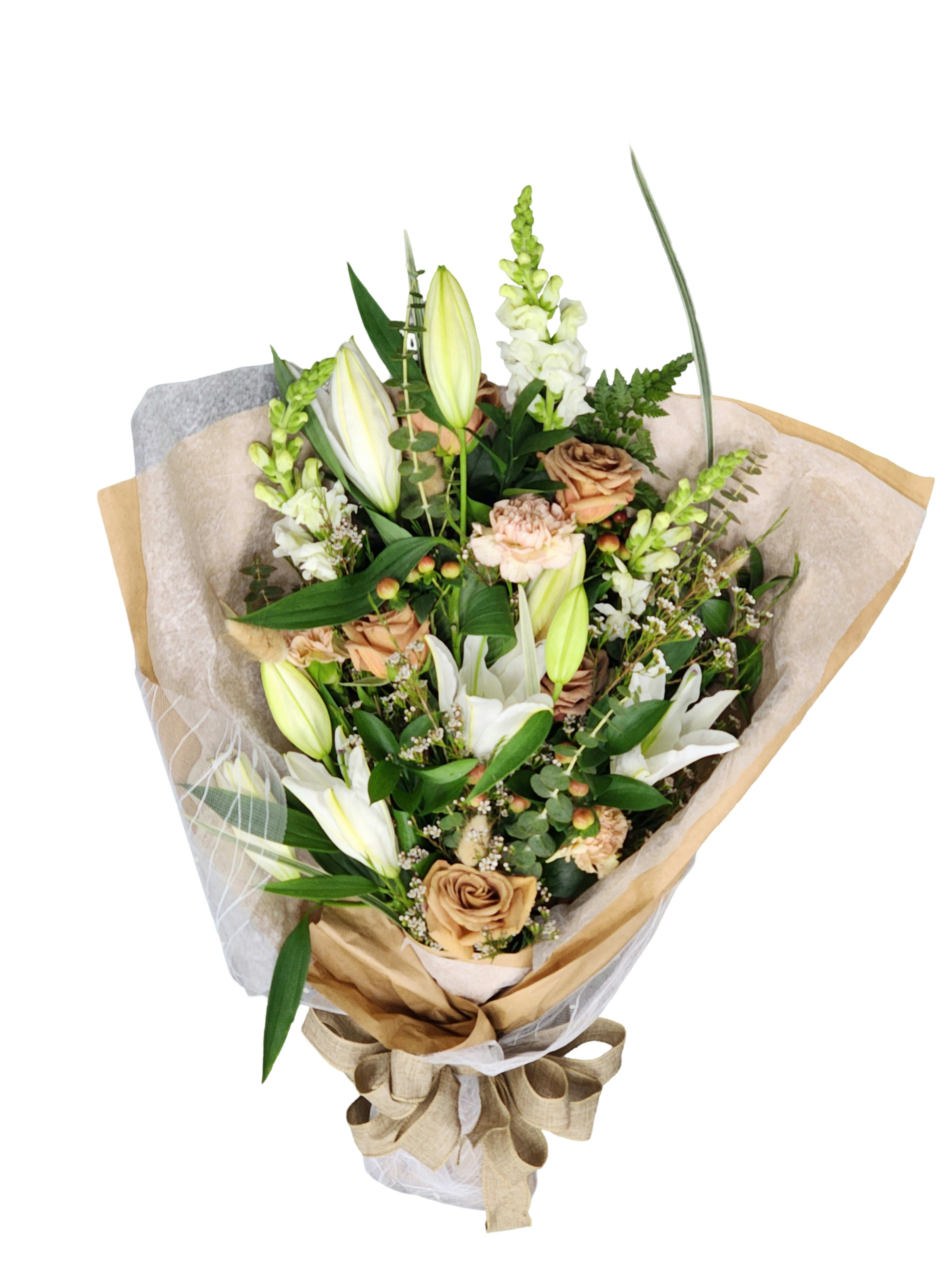 Modern Day Cello Modern Day Cello - Choose this modern and classic cello with a gentle look! filled with oriental lilies, roses, carnations, snapdragons, hypericum, and accented with wax flower, bear grass and bunny tail. Flowers and wrapping may vary depending on season.