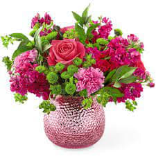 Cherry Blossom - Much like the beauty from the change of season, this bouquet is bursting with color. Sweet pink roses, stock and carnations are complemented by green button pompons to make their day so much brighter!