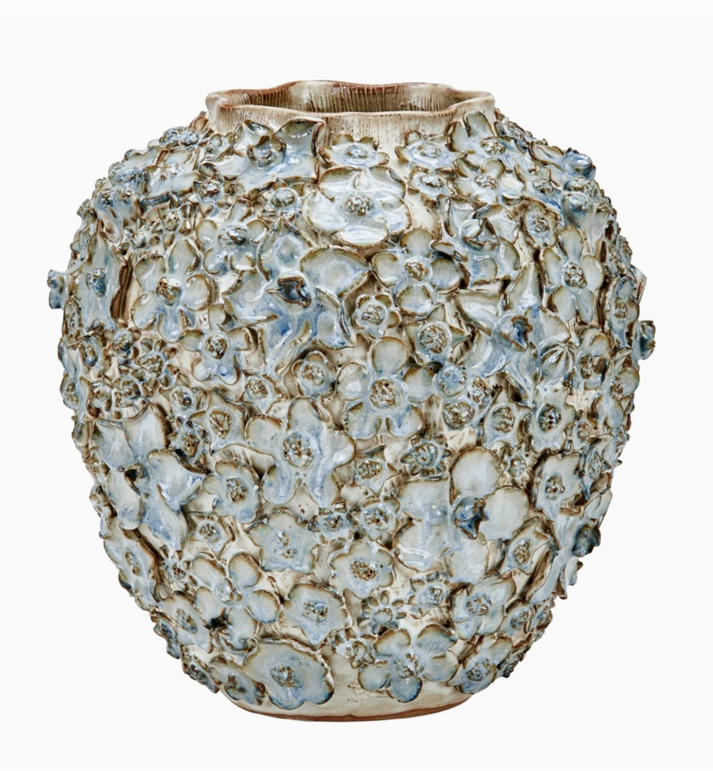 Bouquet De Fleurs Design Blue &amp;Cream Vase - Flowers that bloom forever are beautifully engraved all over the Bouquet De Fleurs Design Blue &amp; Cream Vase. Handcrafted in Thailand, this vase showcases a stunning bouquet of jasmine, daffodils, daisies, and lilies, each flower individually hand-made and artistically placed to create a timeless design. Measuring approximately 10 inches wide and 11 inches tall, this indigo blue and cream vase brings an everlasting touch of nature into your home, making it a unique and elegant addition to any space. Available at Chartreuse by Roje.