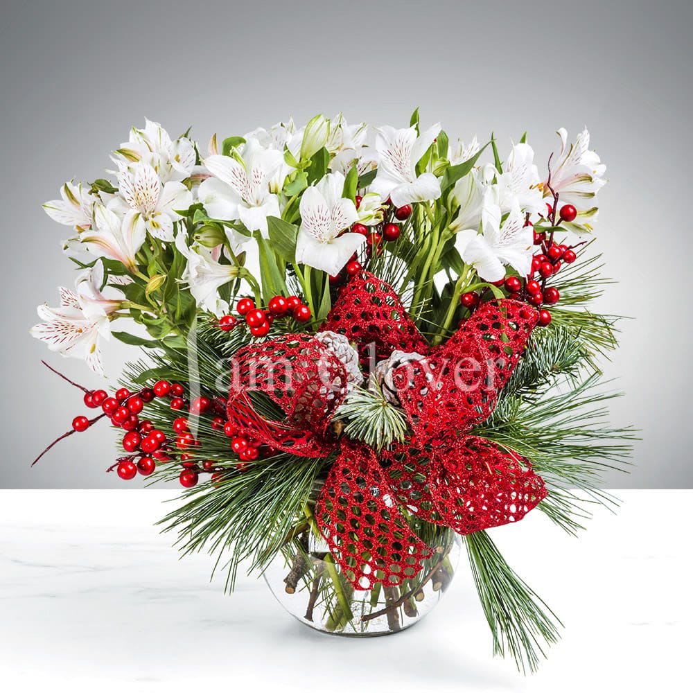 Ho Ho Ho Bow - Bring cheer of the holiday season in the form of this lovely bow bouquet.   Fulfill your floral needs at I Am Clover in Ramona, CA, and experience the difference in quality, freshness, and care that comes with ordering locally.   Disclosure: In some instances, our photo may represent an overall look and include a one-of-a-kind vase which cannot be exactly replicated. Occasional substitutions of flowers and/or containers happen due to weather, seasonality and market conditions. We will ensure that the style, theme and color scheme of your arrangement is preserved and will only substitute items of equal value or higher value.  Delivery: 2:30pm - 6:30pm Same Day Orders may take at least 6 hours to process and deliver Morning and Specific Delivery Time Requests:  will be charged a $15 convenience fee. Specific delivery times are acknowledged and we will do our best to accommodate, however we cannot guarantee on time delivery due to unforeseen events.  Gate Codes are mandatory for our delivery drivers to enter residential or commercial buildings. If you don’t know the gate code for a delivery, please contact the recipient and provide us with it or our driver can contact the recipient before beginning a delivery route to obtain the code.  Our policy states that drivers will only wait five minutes outside the gate for a callback. If a driver has to leave a property, the delivery is reassigned for the next day and may charge an additional delivery fee.   Thank you! 