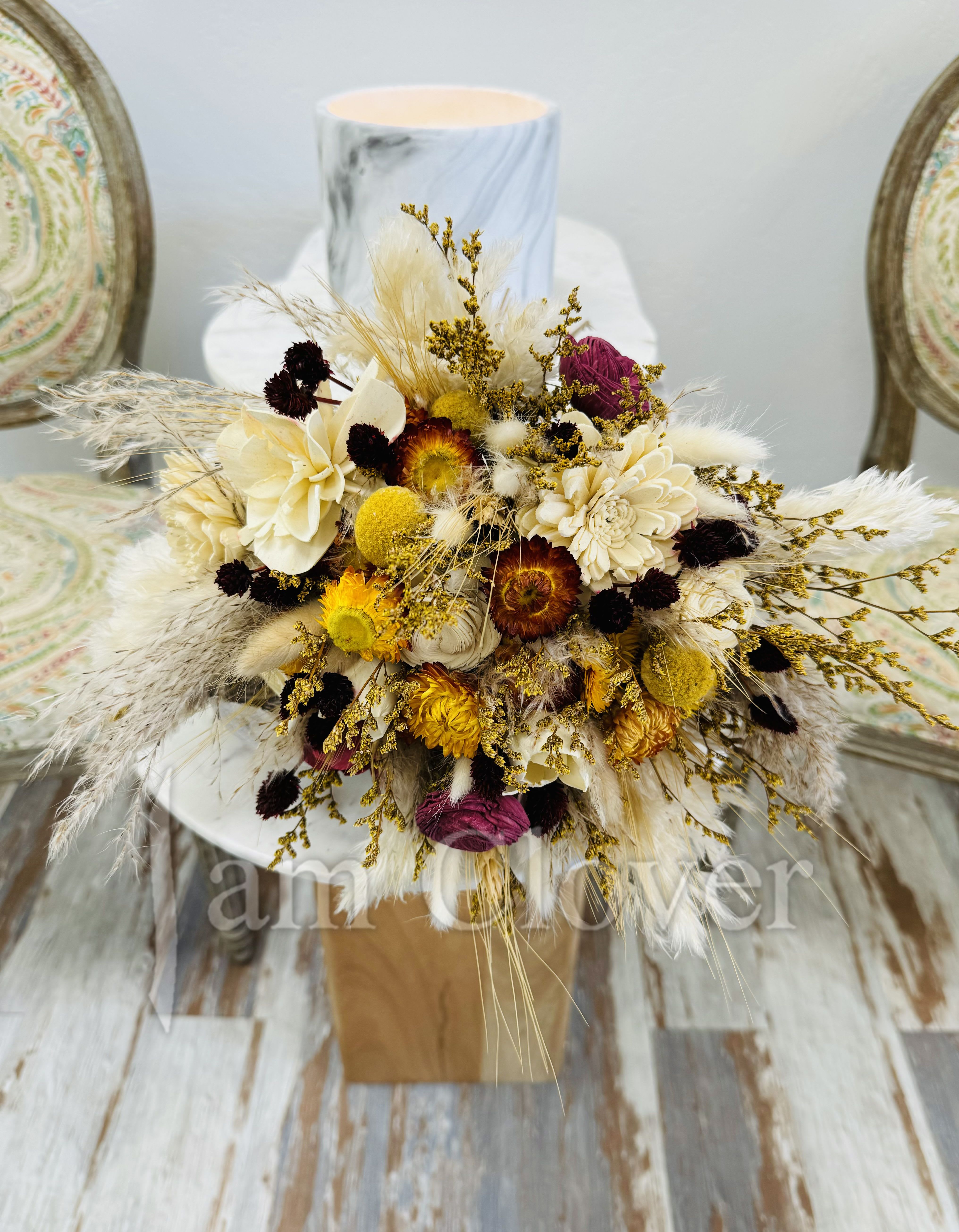 Preserved Bouquet in Warm Tones 104 - This Preserved Bouquet  is very beautiful in warm tones and rich in textures. Will be a great gift that will last forever.   It can be also arranged in a ceramic vase.  Fulfill your floral needs at I Am Clover in Ramona, CA, and experience the difference in quality, freshness, and care that comes with ordering locally. By choosing a local florist, you’re ensuring that each bloom is handpicked at the peak of its beauty, arriving at your doorstep or event in perfect condition. I Am Clover works with the finest, seasonal blooms, meaning your arrangement is as fresh as possible—often sourced directly from nearby growers. 