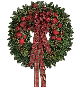 Fresh Wreath with Apples Fresh Wreath with Apples - Decorated with permanent apples and pomegranates, and tied with a festive bow, this wreath will be a warm welcome to all holiday guests. One 30" wreath with oregonia, along with pinecones, apples and pomegranates, arrives tied with a plaid holiday ribbon. Approximately 30" D As Shown : TF91-1