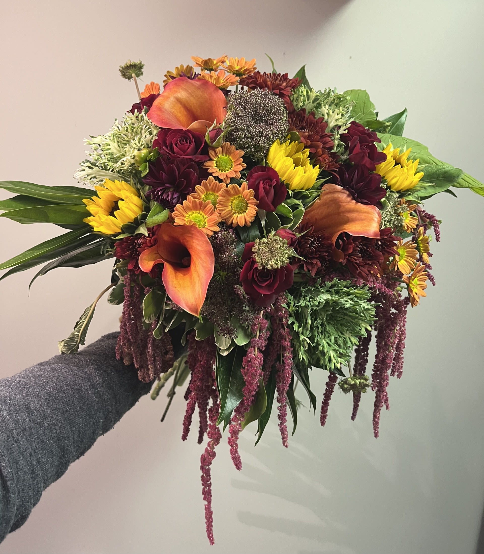 Autumn Waterfall by Chasing Petals - A beautiful hand-tied bouquet of rich fall flowers and cascading amaranthus for the unique fall lover.
