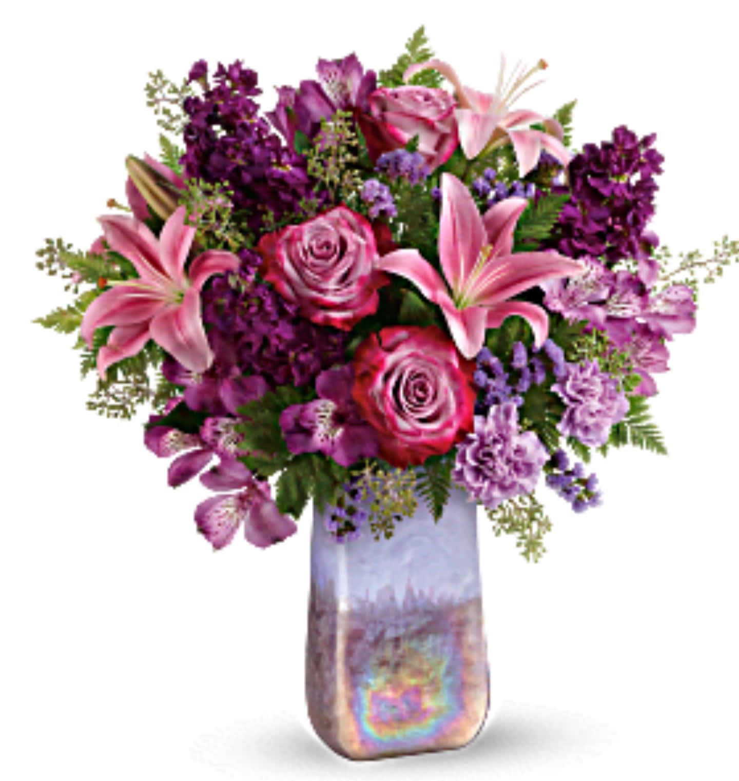 Amethyst jewelry bouquet Amethyst jewelry bouquet - Like a rare jewel, this regal arrangement of lavender roses and pink lilies is naturally breathtaking. Container can be different by availability.