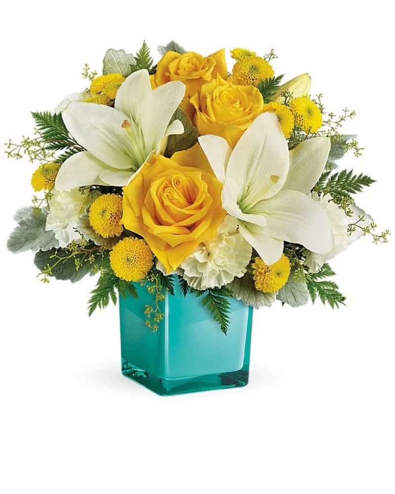 Golden Laughter Bouquet - As joyful as the laughter of a good friend, this mood-lifting mix of yellow roses and white lilies is artistically arranged in our exclusive Color Splash cube for a look that's modern and playful. What a stylish way to make someone's day!