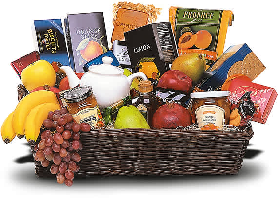 GRANDE GOURMET FRUIT BASKET - Send this gourmet gift basket as a corporate gift, a get well basket, or as an expression of your condolences. The comforting array of edibles offers tea and sympathy - as well as fruit, chocolates and cookies.  Includes yellow apples, red apples, dried apricots, bananas, grapes, pears, pomegranates, honey, caramel corn, tea biscuits and short bread, orange spread and marmalade, a variety of chocolates and truffles, plus herbal teas and a small ceramic teapot.  