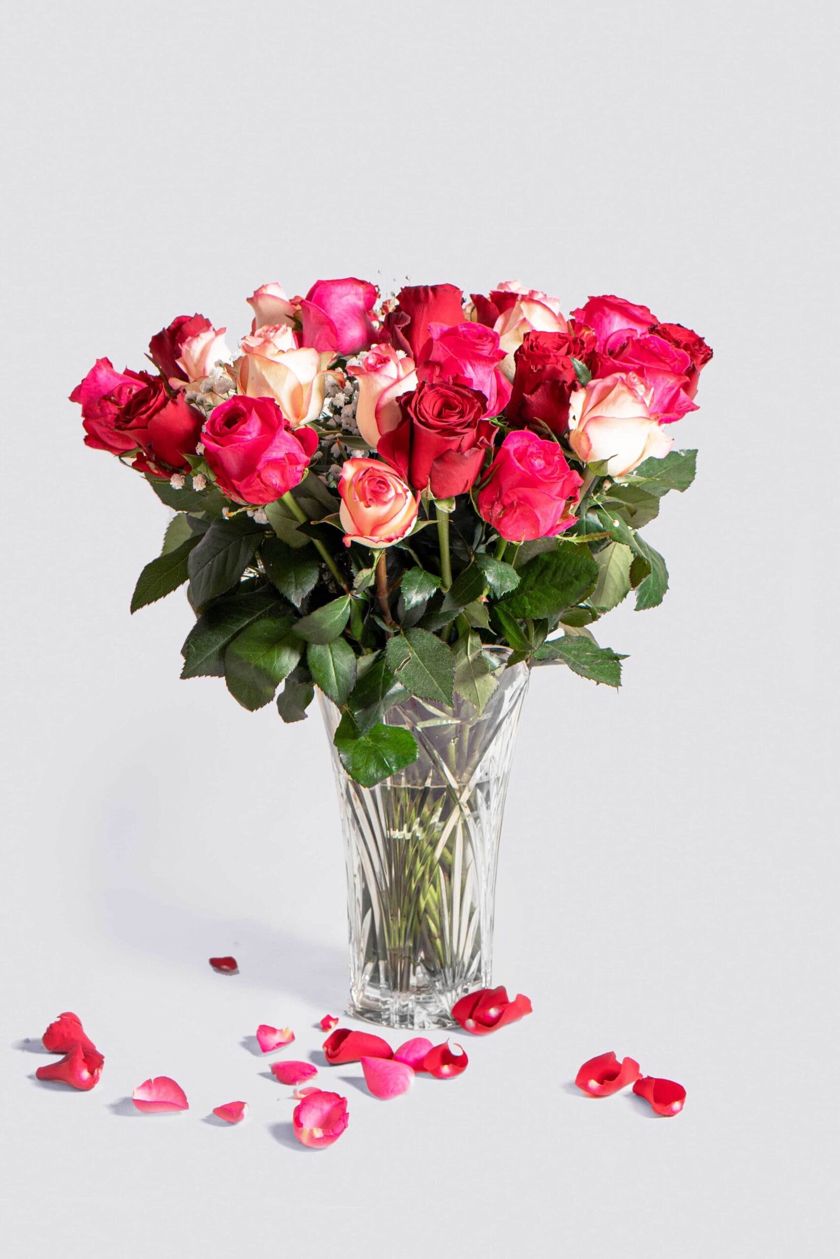 pink lady - The product includes red roses, pink roses, and baby's breath, in a glass vase