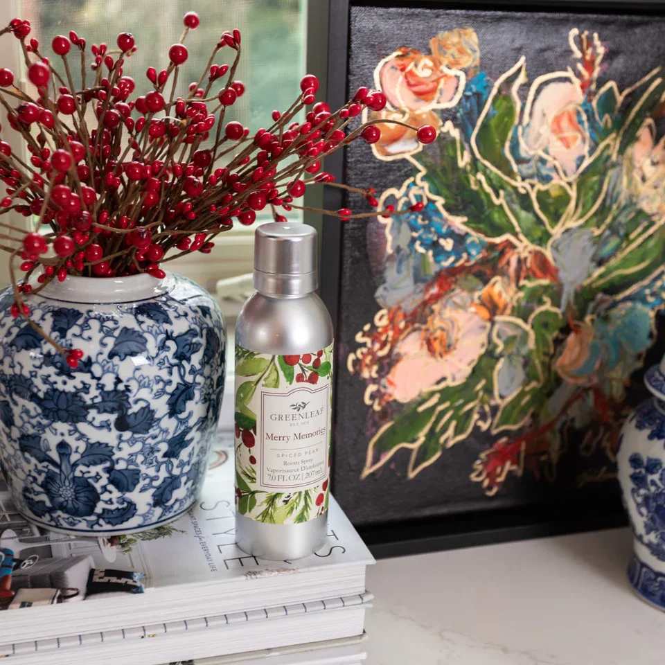 Merry Memories Room Spray Merry Memories Room Spray - Enjoy an instant burst of your favorite Greenleaf fragrance with just one spray! Our Non-Aerosol Room Spray is perfect for fragrancing bathrooms, bedrooms, and every room in between. What Makes it Special: Beautiful fragrance created in-house by a team of professional perfumers Non-aerosol Fragrance: Merry Memories Fragrance Family: Sweet & Spicy Fragrance Description: Enjoy all the warmth and holiday cheer that Merry Memories has to offer through delightful notes of cinnamon, vanilla, clove, and sugared pear. Use and Care: Shake well before use Spray mist directly into the air to refresh your space