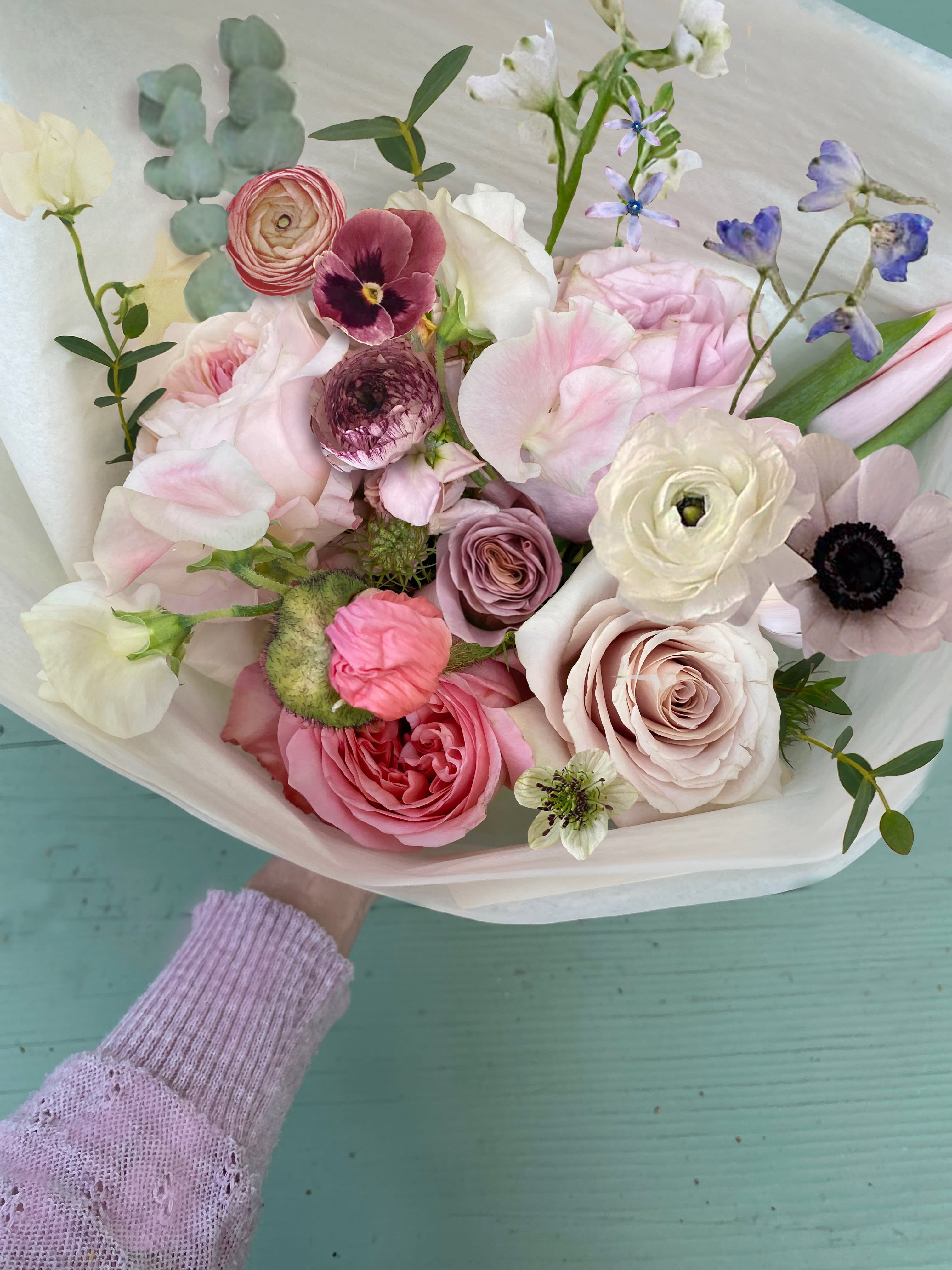 Wild romance bundle Wild romance bundle - Soft and breathtaking bundle of the most beautiful, wild, romantic, fresh stems in dusty pastels with a hint of pink. The perfect gift of romance to your loved one. Also just a really cute hand tied bouquet to give for all occasions. Sweet peas, ranunculus, poppies, beautiful garden roses and other wild stems according to season. Choose Deluxe or Premium for many more stems and volume. Available for hand delivery in LA