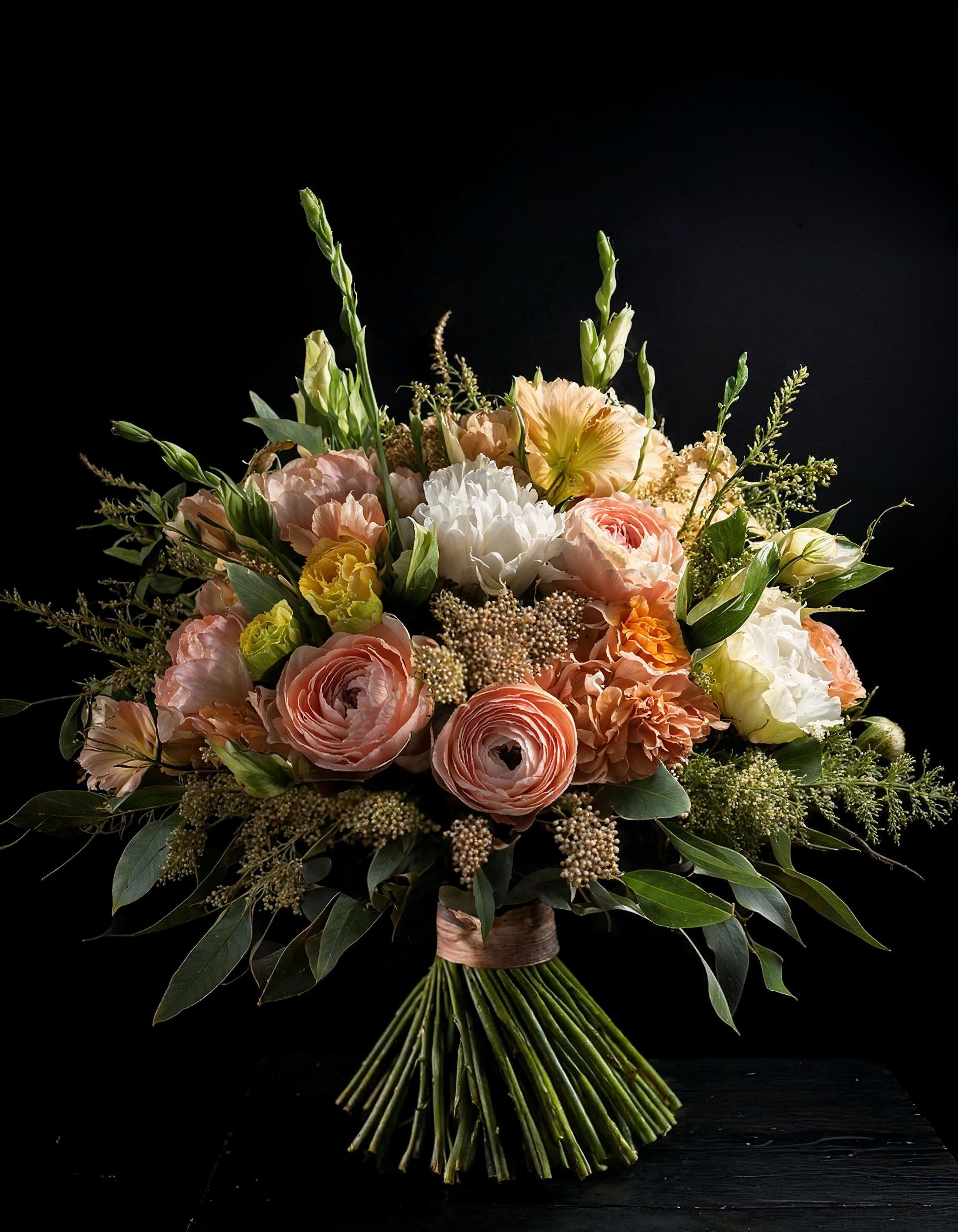 A Lovely Day - This elegant bouquet features a natural color palette where peach ranunculus blend harmoniously with soft white roses, and green accents. The airy structure is complemented by textured elements like astramelia and eucalyptus, adding lightness and charm to the composition. Perfect for romantic occasions or as a sophisticated gift. 