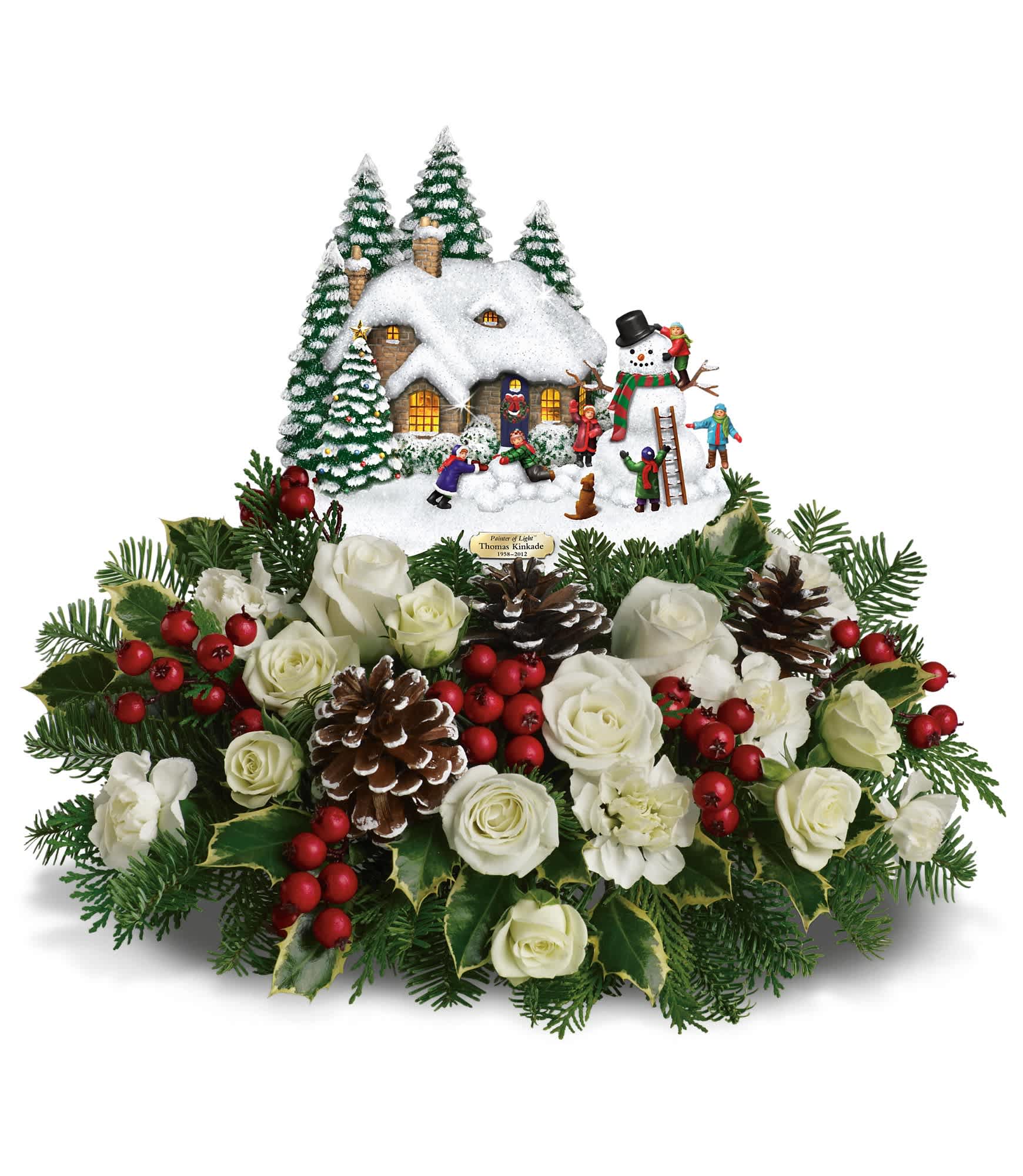 Thomas Kinkade's Snow Time by Teleflora - White spray roses and white miniature carnations are accented by tips of flat cedar, noble fir and holly. Delivered with Thomas Kinkade's Memorial Winter Wonder collectible. Approximately 13 1/2&quot; W x 11&quot; H.  T12X210A