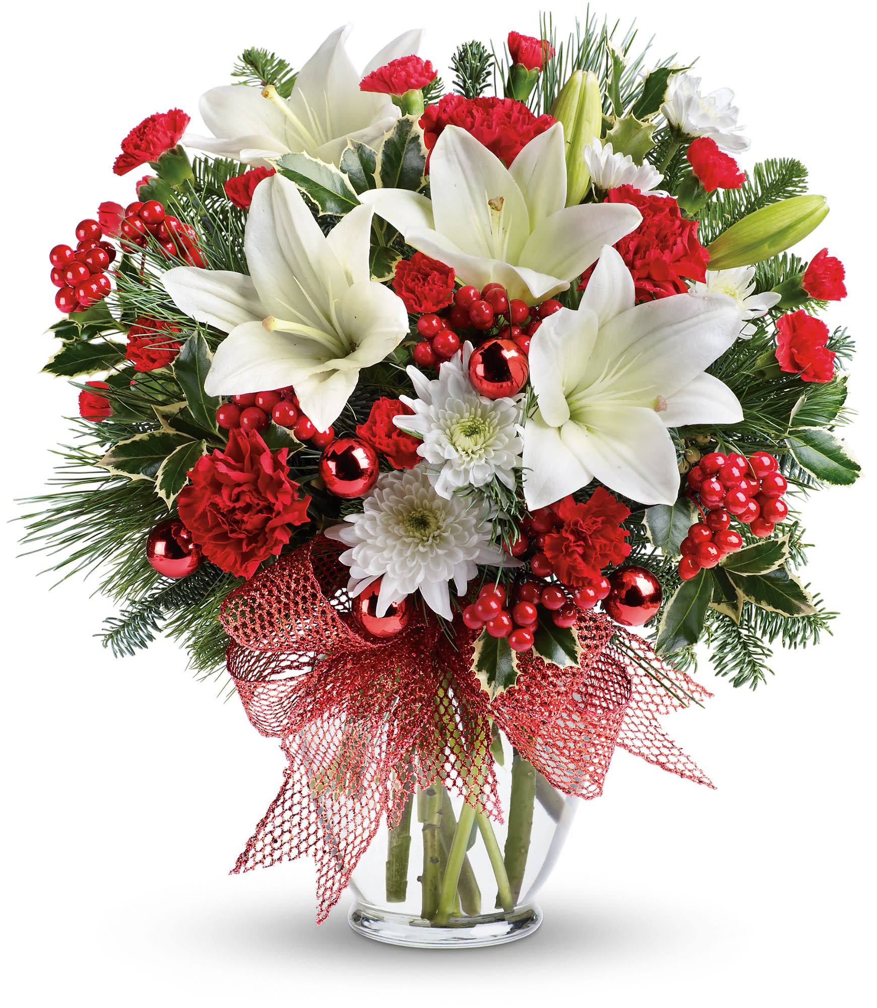 Merry All The Way Bouquet Merry All The Way Bouquet - White asiatic lilies, red carnations, red miniature carnations and white cushion spray chrysanthemums are accented with noble fir, white pine and red berries. Finished with a festive red ribbon and delivered in a glass vase. Approximately 16 1/2" W x 18 1/2" H. TWR12-2A