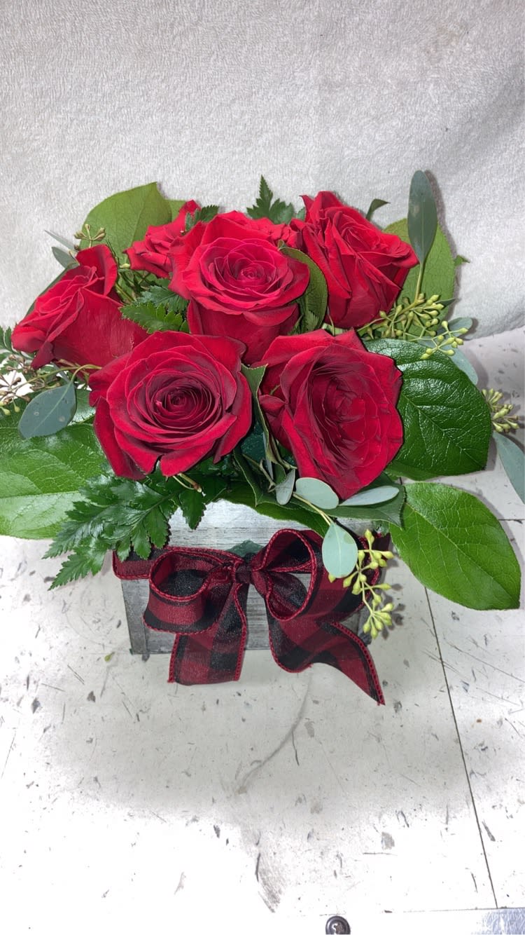 Box of Red Roses! Box of Red Roses! - Square box of red roses topped off with a red/black buffalo print ribbon. Box may be white or gray!! Checked ribbon may vary Order 24/7 Delivery Mon -Fri only
