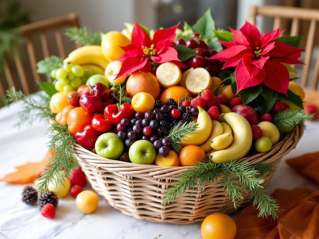 Cheerful Fruit Basket Cheerful Fruit Basket - Unwrap the magic of the season with our Cheerful Fruit Basket, a delight bursting with excellent quality. Imagine a large gift basket overflowing with an exquisite assortment of fruits, paired with a stunning poinsettia centerpiece. Like a holiday carol, it sings of joy and warmth, making spirits bright. This unique treasure is set to transform your festive celebrations, bringing a world of cheer and wonder to your holiday table. Embrace the enchantment and make this season unforgettable!