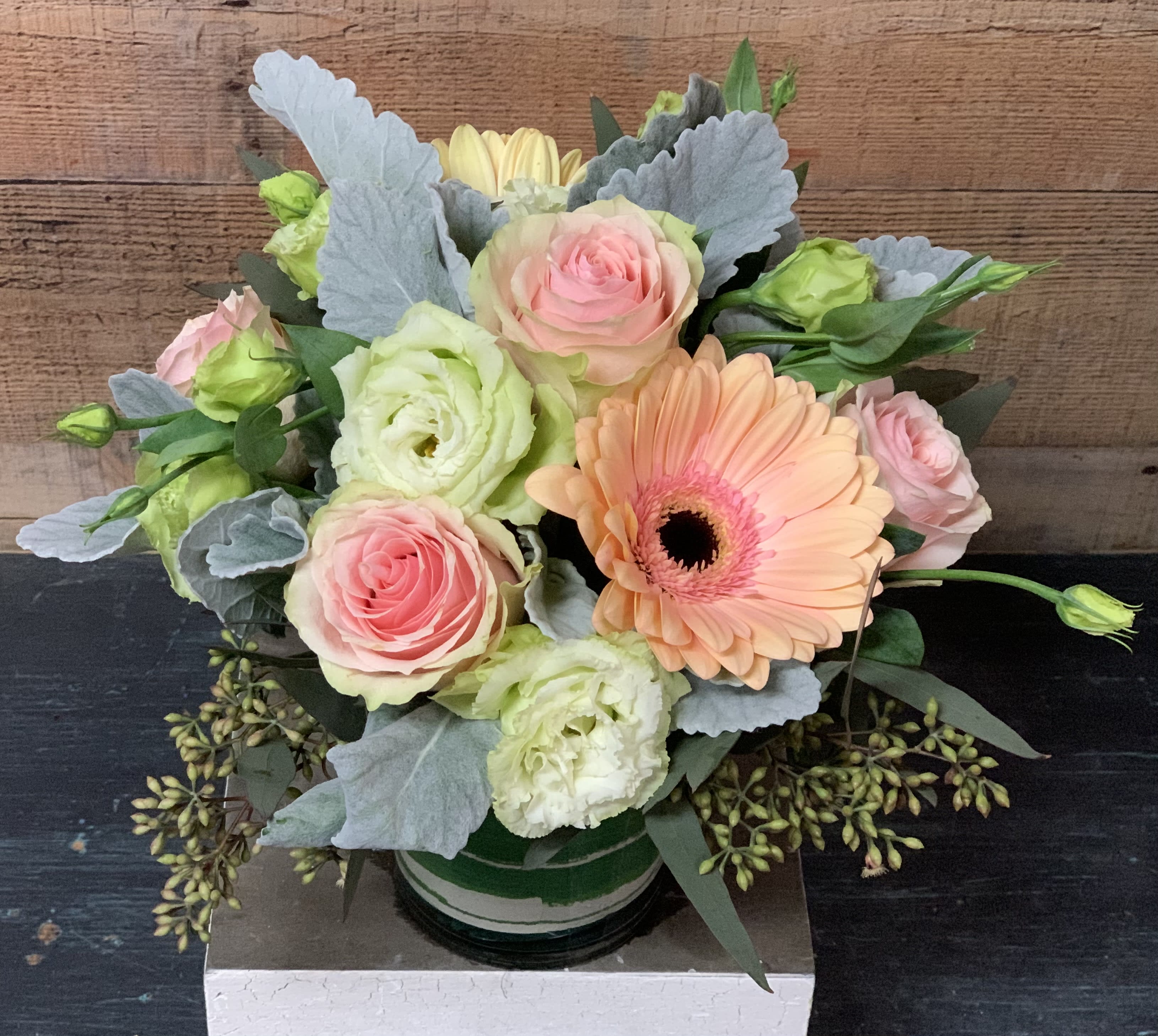 Beautifully Pink Beautifully Pink - Roses, Gerberas, and Lisianthus, arranged in a cylinder vase. Great as a centerpiece for that special event