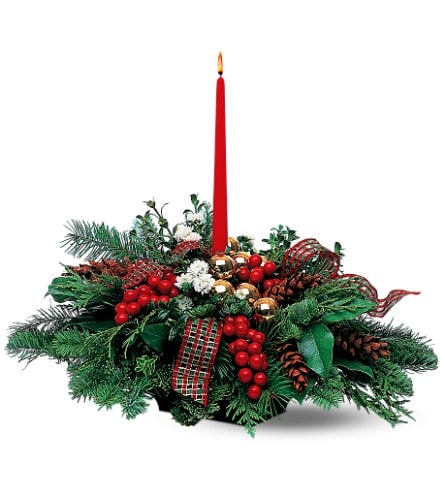 Single Candle Centerpiece - This wintry centerpiece with its holiday decor captures the holiday spirit in all its glory. Evergreens accented with white asters along with berries pinecones balls and ribbon together with a red taper candle in a centerpiece tray.Approximately 19&quot; W x 17&quot; H Orientation: All-Around As Shown : TF90-1