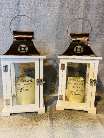 Memorial Lantern Memorial Lantern - White and copper lantern with memorial message on it