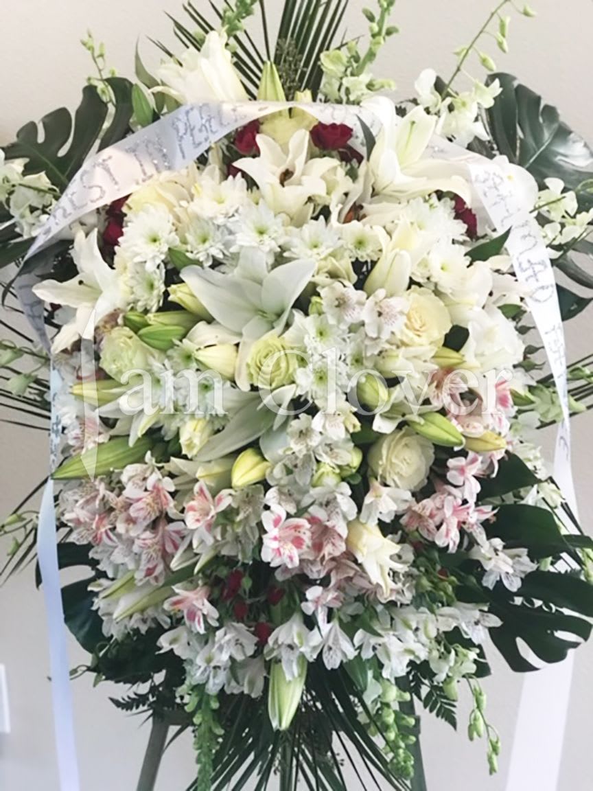 White With Touches of Pink and Red Standing Spray - The elegant white flowers form the foundation of this standing spray, while the soft pink and rich red accents add depth, warmth, and emotional intensity, reflecting both the serenity of the departed and the vibrant connections they left behind.  Fulfill your floral needs at I Am Clover in Ramona, CA, and experience the difference in quality, freshness, and care that comes with ordering locally.   Disclosure: Occasional substitutions of flowers happen due to weather, seasonality and market conditions. We will ensure that the style, theme and color scheme of your arrangement is preserved and will only substitute items of equal value or higher value.  Delivery: 2:30pm - 6:30pm Same Day Orders may take at least 6 hours to process and deliver Morning and Specific Delivery Time Requests:  will be charged a $15 convenience fee. Specific delivery times are acknowledged and we will do our best to accommodate, however we cannot guarantee on time delivery due to unforeseen events.  Gate Codes are mandatory for our delivery drivers to enter residential or commercial buildings. If you don’t know the gate code for a delivery, please contact the recipient and provide us with it or our driver can contact the recipient before beginning a delivery route to obtain the code. Our drivers will only wait five minutes outside the gate for a callback. If a driver has to leave a property, the delivery is reassigned for the next day and may charge an additional delivery fee.   Thank you! 