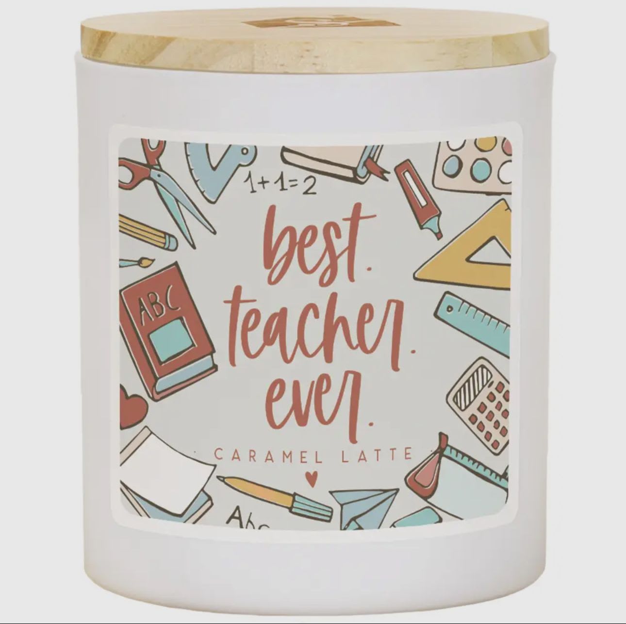 Best Teacher Ever Candle Best Teacher Ever Candle - Elevate your senses with our stunning candles adorned with unique and personalized sentiments on every label. These 11 oz soy wax, 2 wick candles offer the perfect gifts for everyone and every occasion. Dimensions 3.5" x 4.25" x 3.5" -- Text found in image: best teacher ever, caramel latte Colors: White, light brown, coral, turquoise, yellow, grey Additional Info: Theme: Teacher appreciation (This candle serves as a heartfelt tribute to teachers, adorned with educational imagery and a warm, inviting message.) - teacher gift, back-to-school, classroom decor, teacher appreciation, educational, soy wax candle, caramel latte scent, two wick candle, personalized sentiment, 11 oz candle