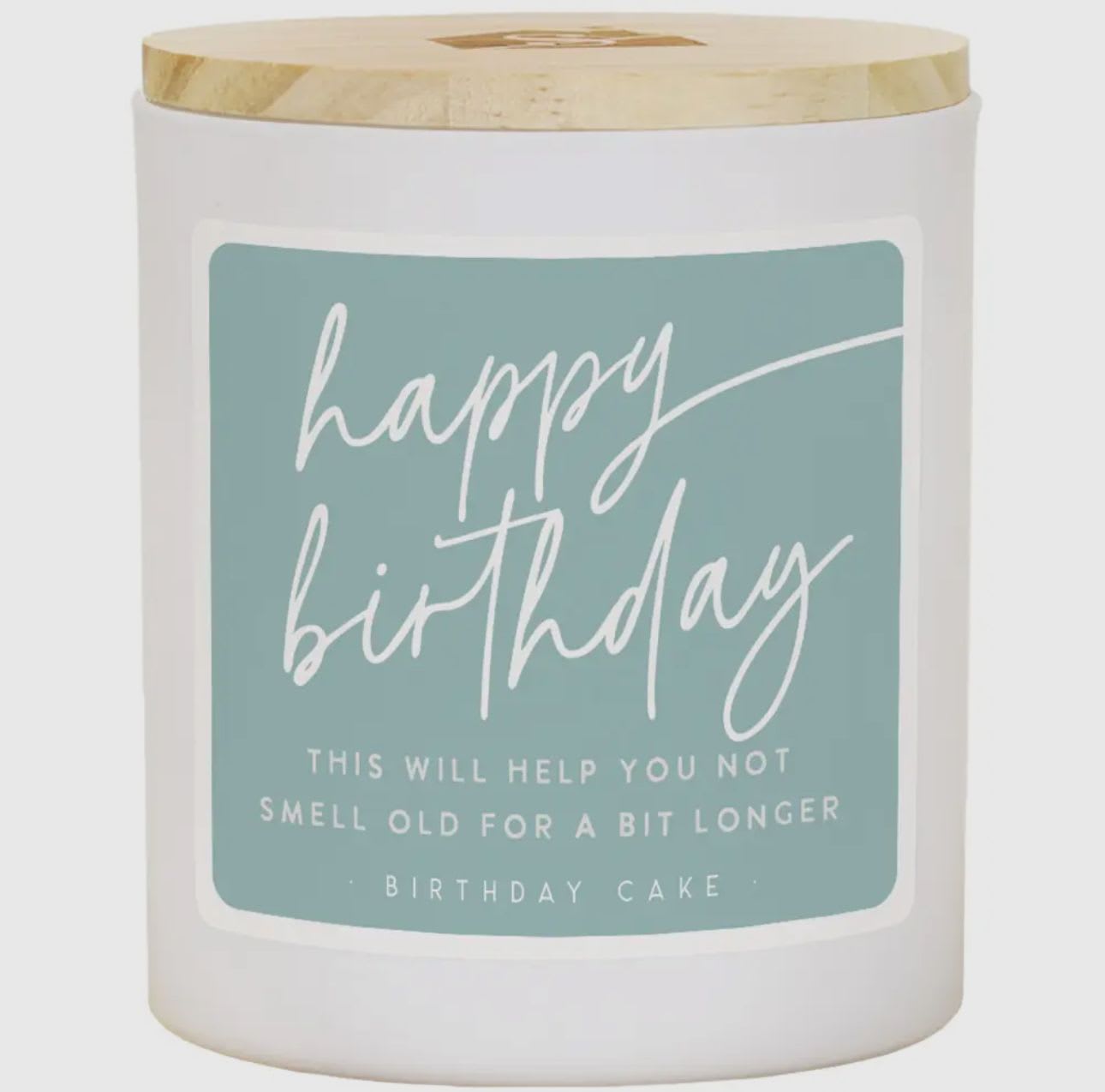 Birthday Candle Birthday Candle - Elevate your senses with our stunning candles adorned with unique and personalized sentiments on every label. These 11 oz soy wax, 2 wick candles offer the perfect gifts for everyone and every occasion. Dimensions 3.5" x 4.25" x 3.5" --- Text found in image: happy birthday. This will help you not smell old for a bit longer. Birthday Cake. Colors: white, light blue, beige. Additional Info: birthday celebration - This delightful candle is perfect for celebrating birthdays with a hint of humor and a sense of charm. It's beautifully designed with a soft palette and heartfelt message, making it an ideal gift for friends and loved ones. - birthday gift, soy wax, 2 wick candle, funny candle, celebration, gift for friends, personalized sentiment, decorative candle, charming design, light blue label.