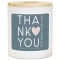 Thank You Heart Candle Thank You Heart Candle - Elevate your senses with our stunning candles adorned with unique and personalized sentiments on every label. These 11 oz soy wax, 2 wick candles offer the perfect gifts for everyone and every occasion. Dimensions 3.5" x 4.25" x 3.5" -- Text found in image: THANK YOU FOR BEING AWESOME VANILLA DELIGHT Colors: White, light blue, pale pink, natural wood Additional Info: Gratitude and Sincerity The image showcases a beautiful candle designed to express heartfelt gratitude with a sincere message and soft, welcoming colors. - gift, appreciation, soy wax, two wick, vanilla scent, elegant, heartfelt, personalized, decorative, relaxing