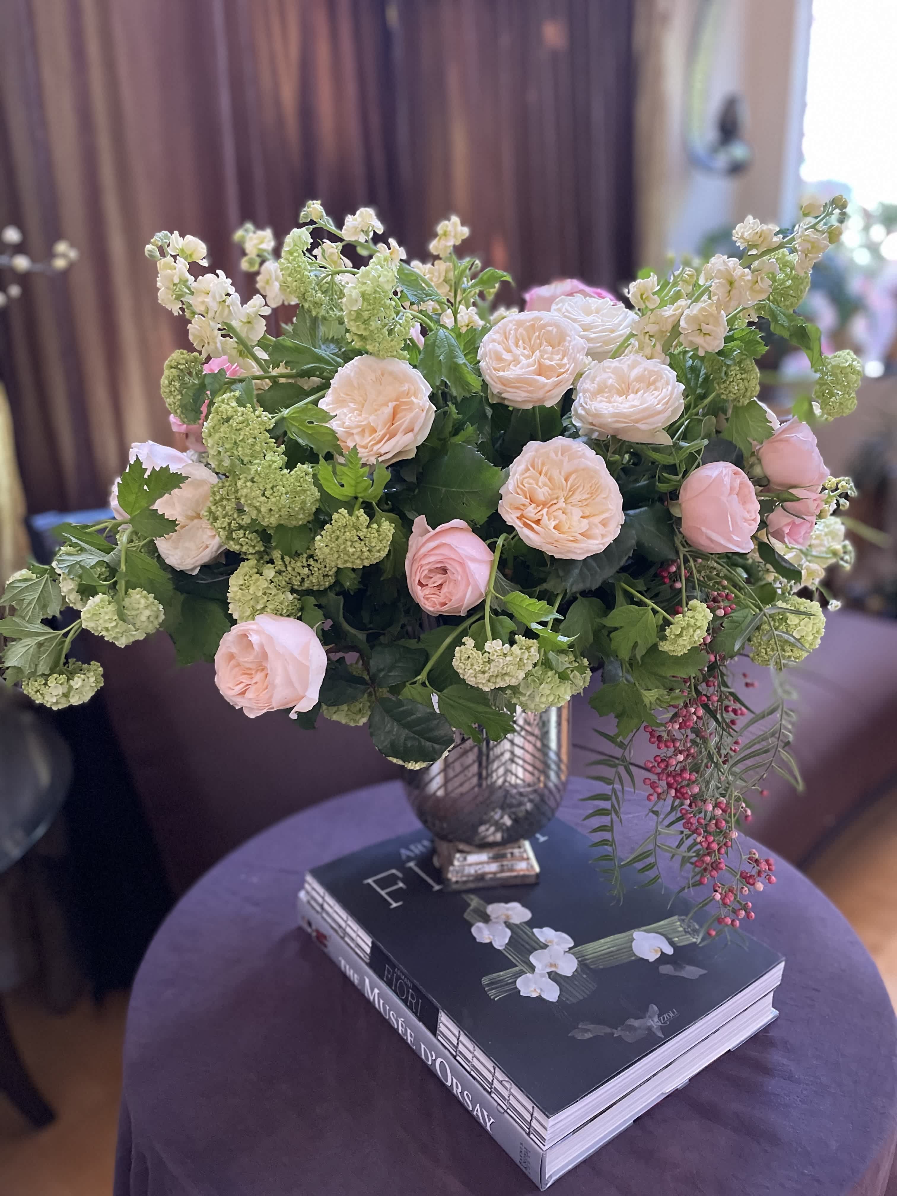 May you be happy !  - Fresh garden roses bring lovely positive energy into our homes . Elegant silver vase and beautiful greenery complement beauty of flower queen- rose. 