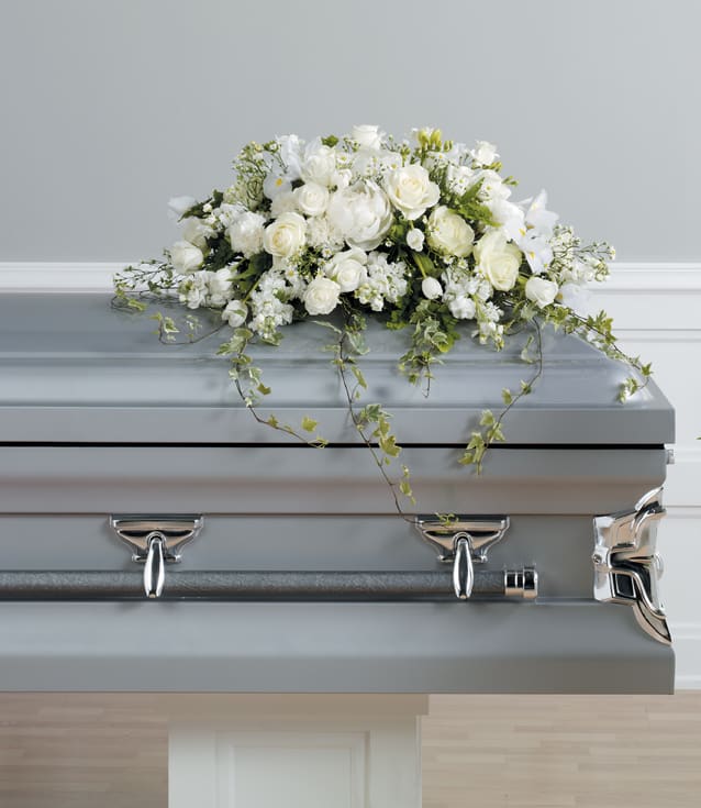 ON SALE WAS $240-CASKET IVY CASKET SPRAY-    - ALL WITH BEAUTIFULY ARRAY OF FLOWERS WITH IVY ACCENTS