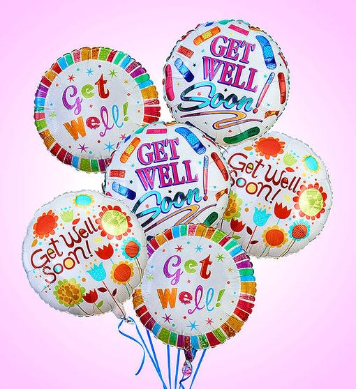 91972 6 Get Well Mylars - Lift their spirits with our fun-filled &quot;arrangement&quot; of Get Well Mylar balloons. Gathered by our select florists, it's a truly original way to brighten the mood and send a smile when they're feeling a little under the weather.  Gathering of helium-filled &quot;Get Well&quot; Mylar balloons, selected by our expert florists Balloon designs will vary by regional availability A long-lasting gift that's unique, fun and festive