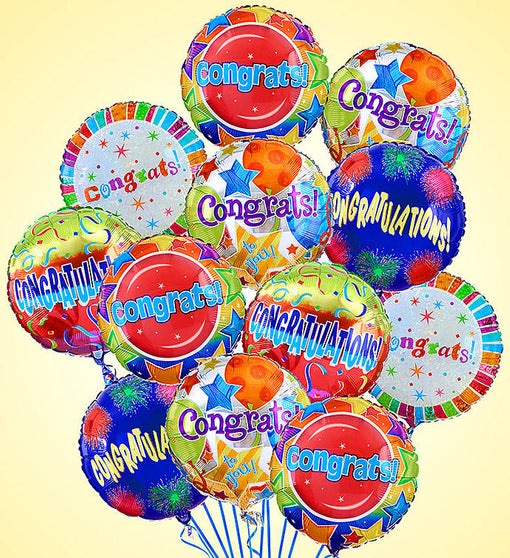 91976 12 Congratulations Mylars - Give them a little extra lift with a festive &quot;arrangement&quot; of Congratulations Mylar balloons. Selected by our expert florists, they're a great way to congratulate someone special for any occasion, from a new job or promotion to a new baby or housewarming.  Gathering of helium-filled &quot;Congratulations&quot; Mylar balloons Balloon designs will vary by regional availability A long-lasting gift that's unique, fun and festive