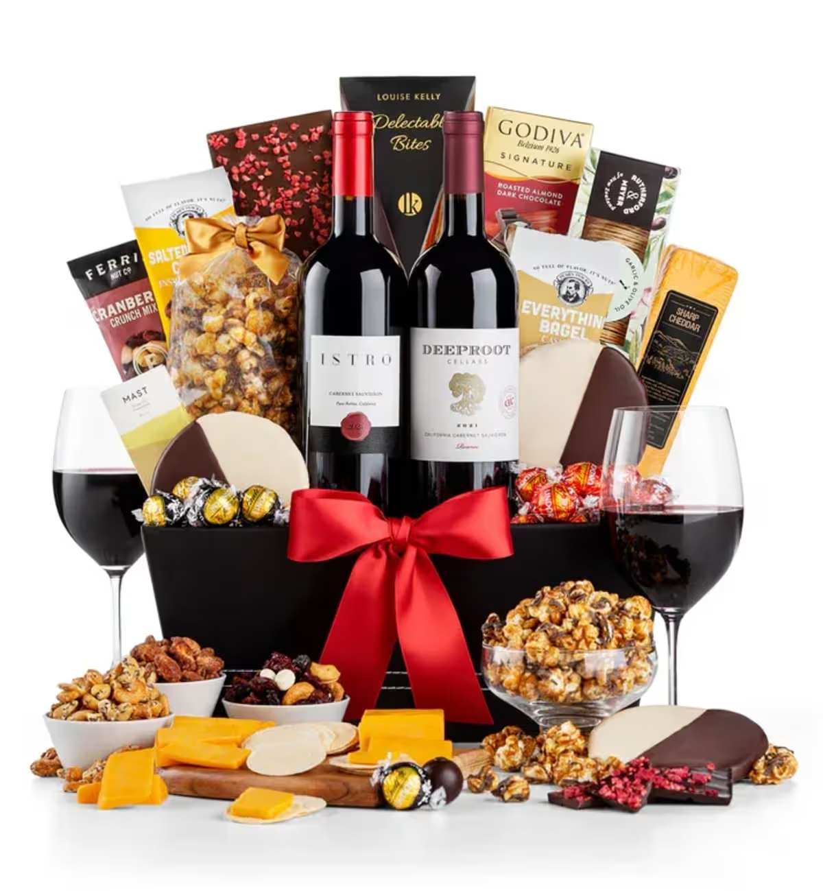 Wine and Gourmet Basket Wine and Gourmet Basket - Nice selectIon of gourmet goodies, two bottles of wine and chese and crackers.