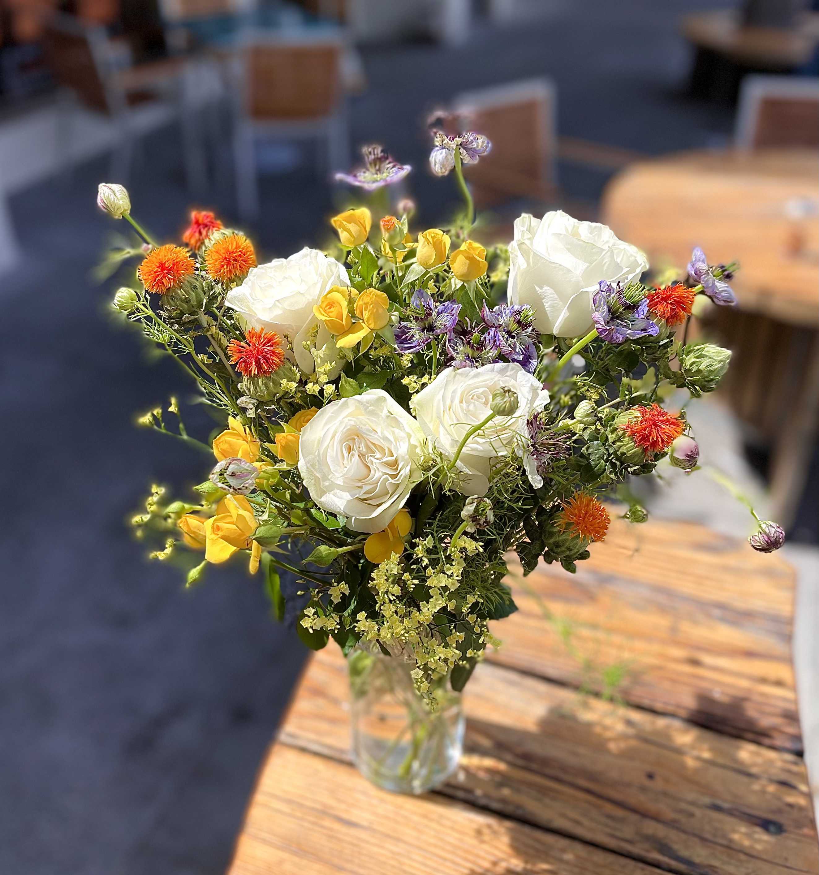 You name it:) - Nature tapestry a kaleidoscope of blooms to brighten your day. playful white, orange, yellow, purple bouquet.  