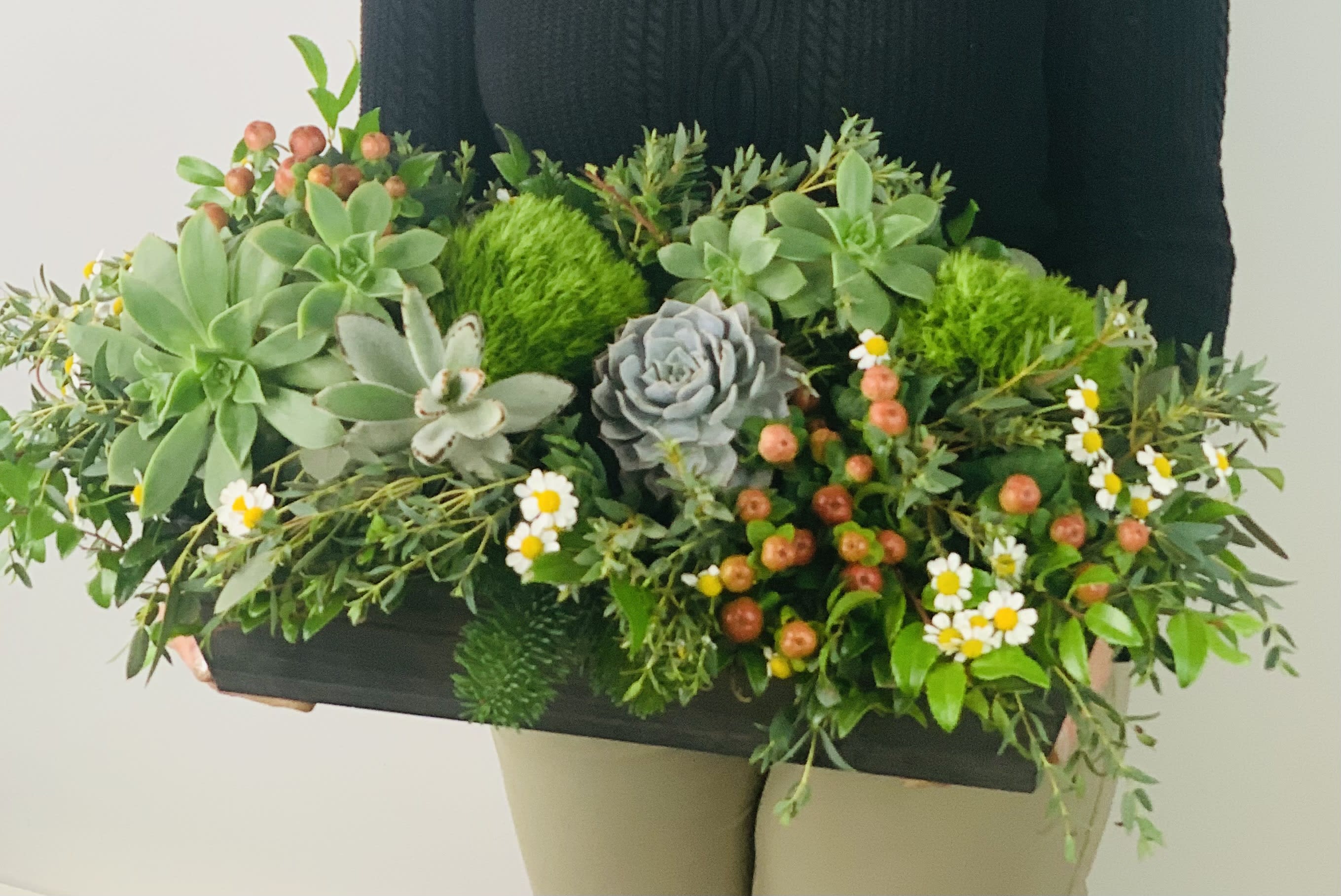 English Garden - This long lasting centerpiece features a variety of greenery, natural flowers, succulents and berries.  Fulfill your floral needs at I Am Clover in Ramona, CA, and experience the difference in quality, freshness, and care that comes with ordering locally.   Disclosure: In some instances, our photo may represent an overall look and include a one-of-a-kind vase which cannot be exactly replicated. Occasional substitutions of flowers and/or containers happen due to weather, seasonality and market conditions. We will ensure that the style, theme and color scheme of your arrangement is preserved and will only substitute items of equal value or higher value.  Delivery: 2:30pm - 6:30pm Same Day Orders may take at least 6 hours to process and deliver Morning and Specific Delivery Time Requests:  will be charged a $15 convenience fee. Specific delivery times are acknowledged and we will do our best to accommodate, however we cannot guarantee on time delivery due to unforeseen events.  Gate Codes are mandatory for our delivery drivers to enter residential or commercial buildings. If you don’t know the gate code for a delivery, please contact the recipient and provide us with it or our driver can contact the recipient before beginning a delivery route to obtain the code. Our policy states that drivers will only wait five minutes outside the gate for a callback. If a driver has to leave a property, the delivery is reassigned for the next day and may charge an additional delivery fee.