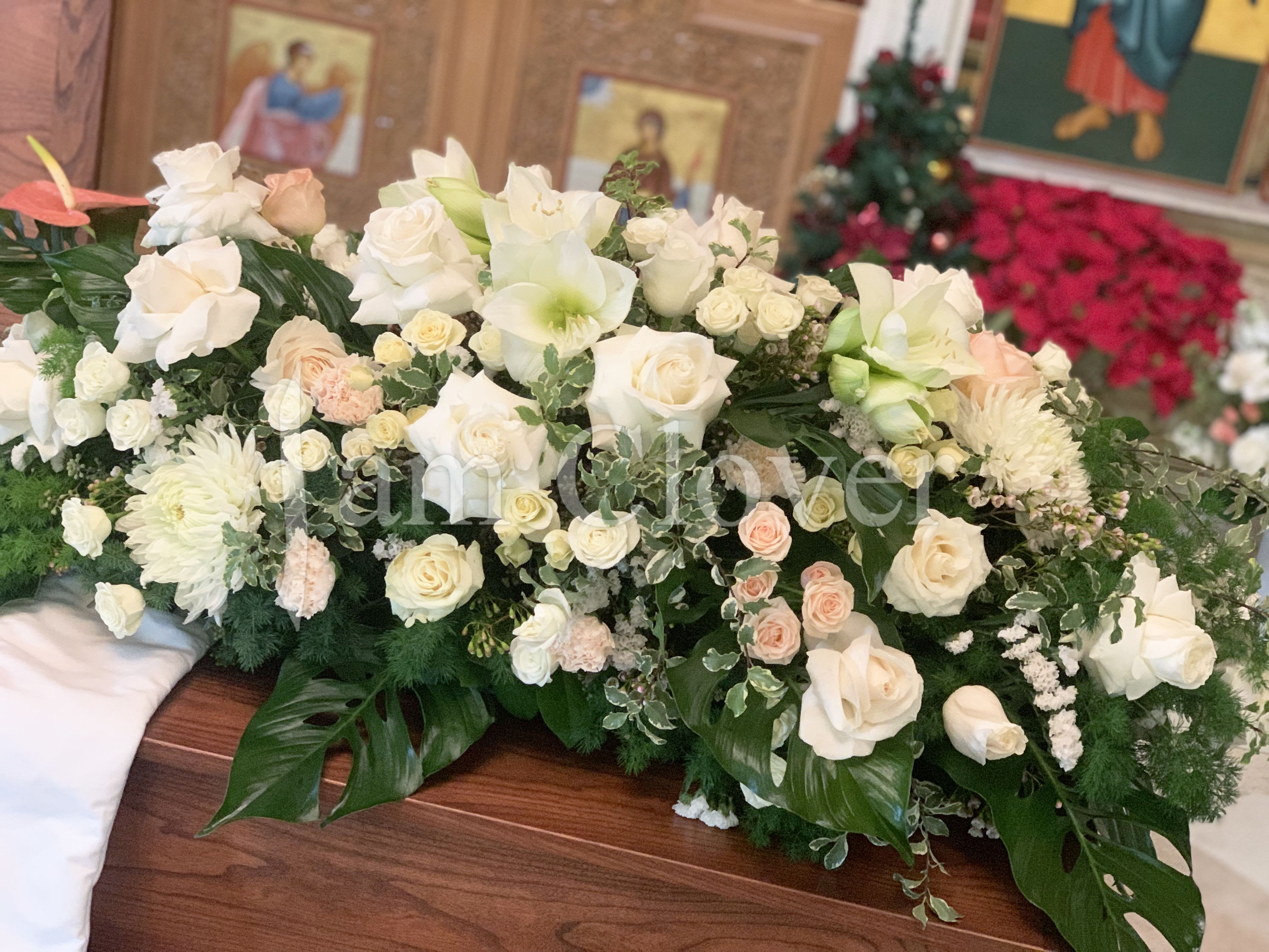 Blush Cascade Casket Spray - This is a grand, beautiful, and lush casket spray with white and blush tones. Sizes Medium and Large and Grand.  Fulfill your floral needs at I Am Clover in Ramona, CA, and experience the difference in quality, freshness, and care that comes with ordering locally.   Disclosure: Occasional substitutions of flowers happen due to weather, seasonality and market conditions. We will ensure that the style, theme and color scheme of your arrangement is preserved and will only substitute items of equal value or higher value.  Delivery: 2:30pm - 6:30pm Same Day Orders may take at least 6 hours to process and deliver Morning and Specific Delivery Time Requests:  will be charged a $15 convenience fee. Specific delivery times are acknowledged and we will do our best to accommodate, however we cannot guarantee on time delivery due to unforeseen events.  Gate Codes are mandatory for our delivery drivers to enter residential or commercial buildings. If you don’t know the gate code for a delivery, please contact the recipient and provide us with it or our driver can contact the recipient before beginning a delivery route to obtain the code. Our drivers will only wait five minutes outside the gate for a callback. If a driver has to leave a property, the delivery is reassigned for the next day and may charge an additional delivery fee.   Thank you!