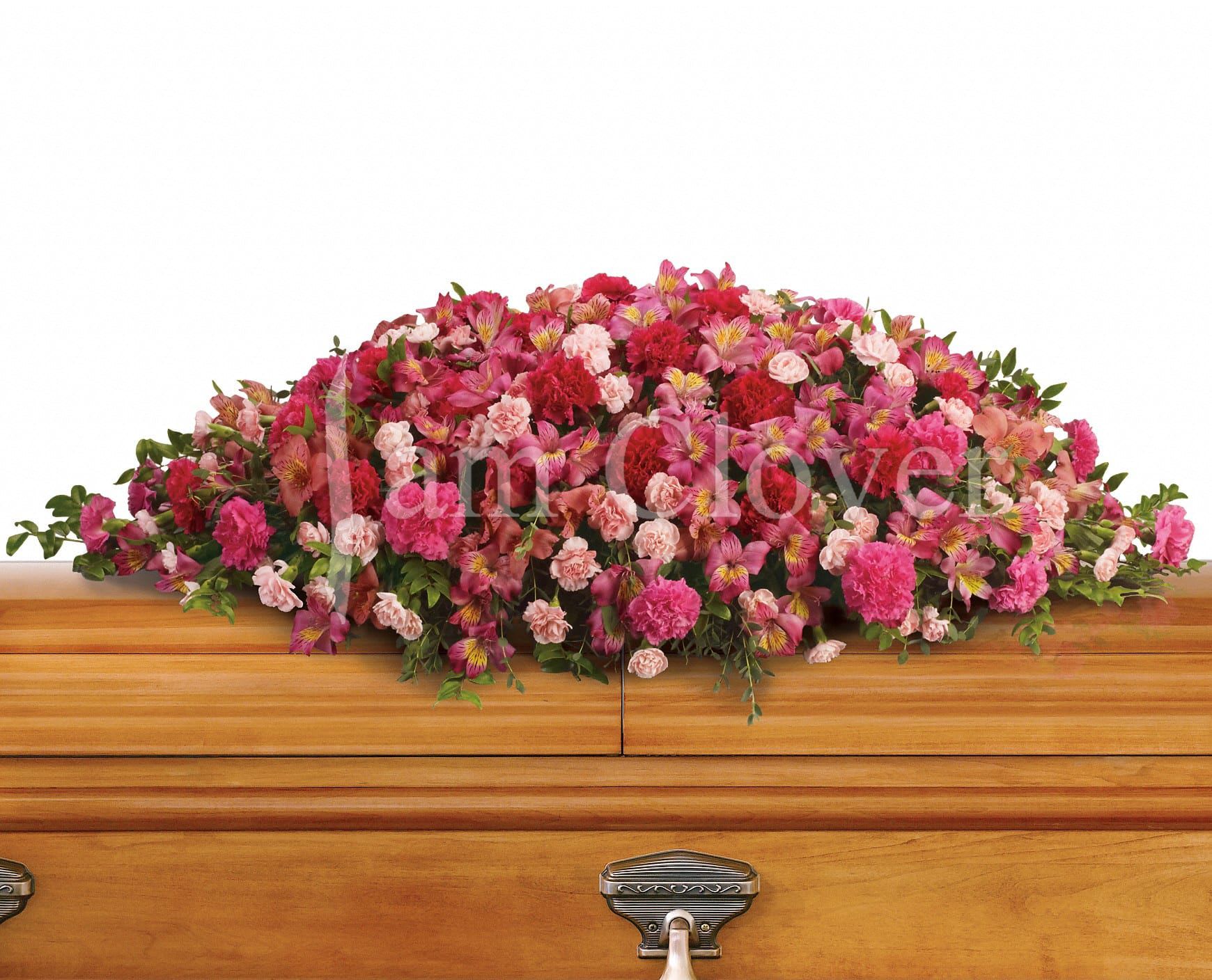 Pink Casket Spray - This warm, elegant, and comforting spray is composed with a variety of flowers in different hues of pink.  Fulfill your floral needs at I Am Clover in Ramona, CA, and experience the difference in quality, freshness, and care that comes with ordering locally.   Disclosure: Occasional substitutions of flowers happen due to weather, seasonality and market conditions. We will ensure that the style, theme and color scheme of your arrangement is preserved and will only substitute items of equal value or higher value.  Delivery: 2:30pm - 6:30pm Same Day Orders may take at least 6 hours to process and deliver Morning and Specific Delivery Time Requests:  will be charged a $15 convenience fee. Specific delivery times are acknowledged and we will do our best to accommodate, however we cannot guarantee on time delivery due to unforeseen events.  Gate Codes are mandatory for our delivery drivers to enter residential or commercial buildings. If you don’t know the gate code for a delivery, please contact the recipient and provide us with it or our driver can contact the recipient before beginning a delivery route to obtain the code. Our drivers will only wait five minutes outside the gate for a callback. If a driver has to leave a property, the delivery is reassigned for the next day and may charge an additional delivery fee.   Thank you! 