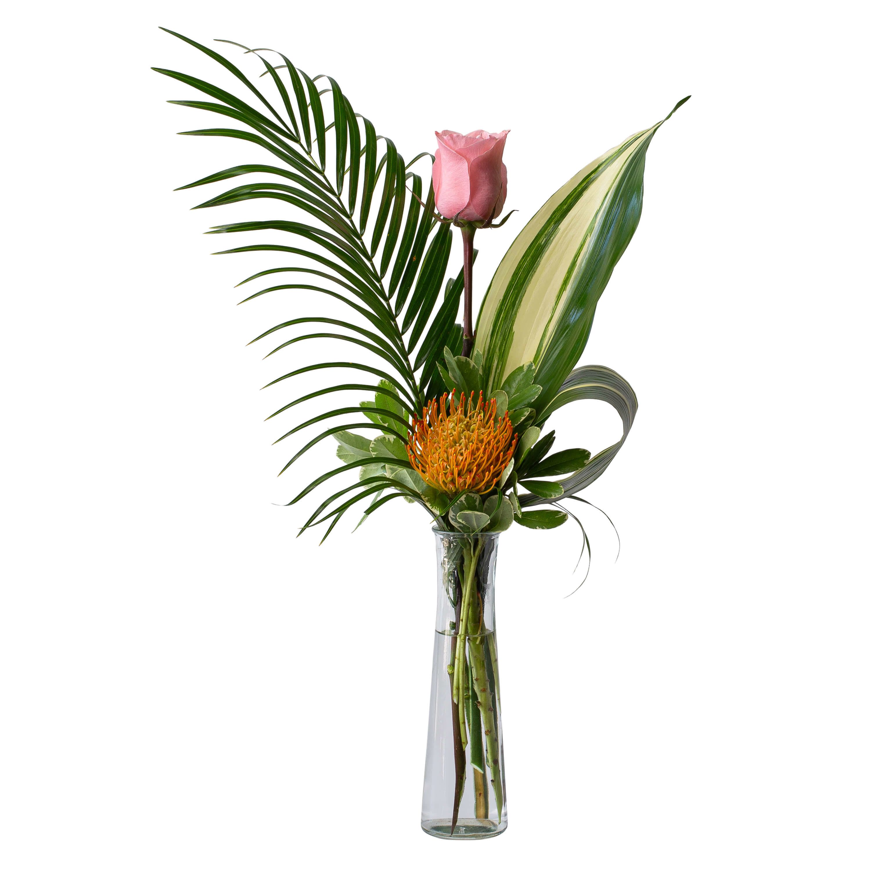 Island Rose - A tropical escape. Island Rose is a sublte blend of tropical and sweet. Flowers like roses and protea have a tropical flair in this bud vase.