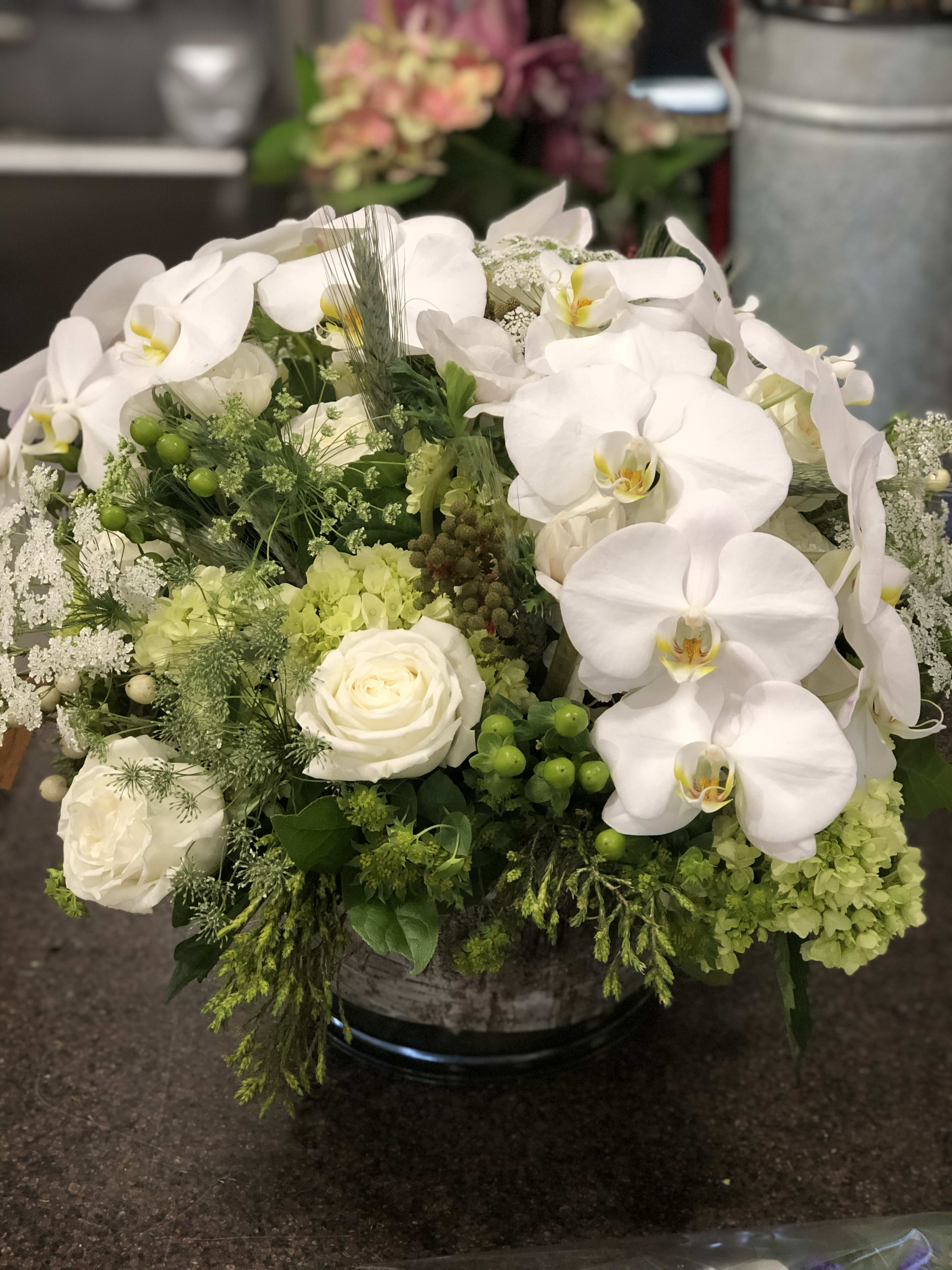 Wonderful in White - orchids roses hydrangeas