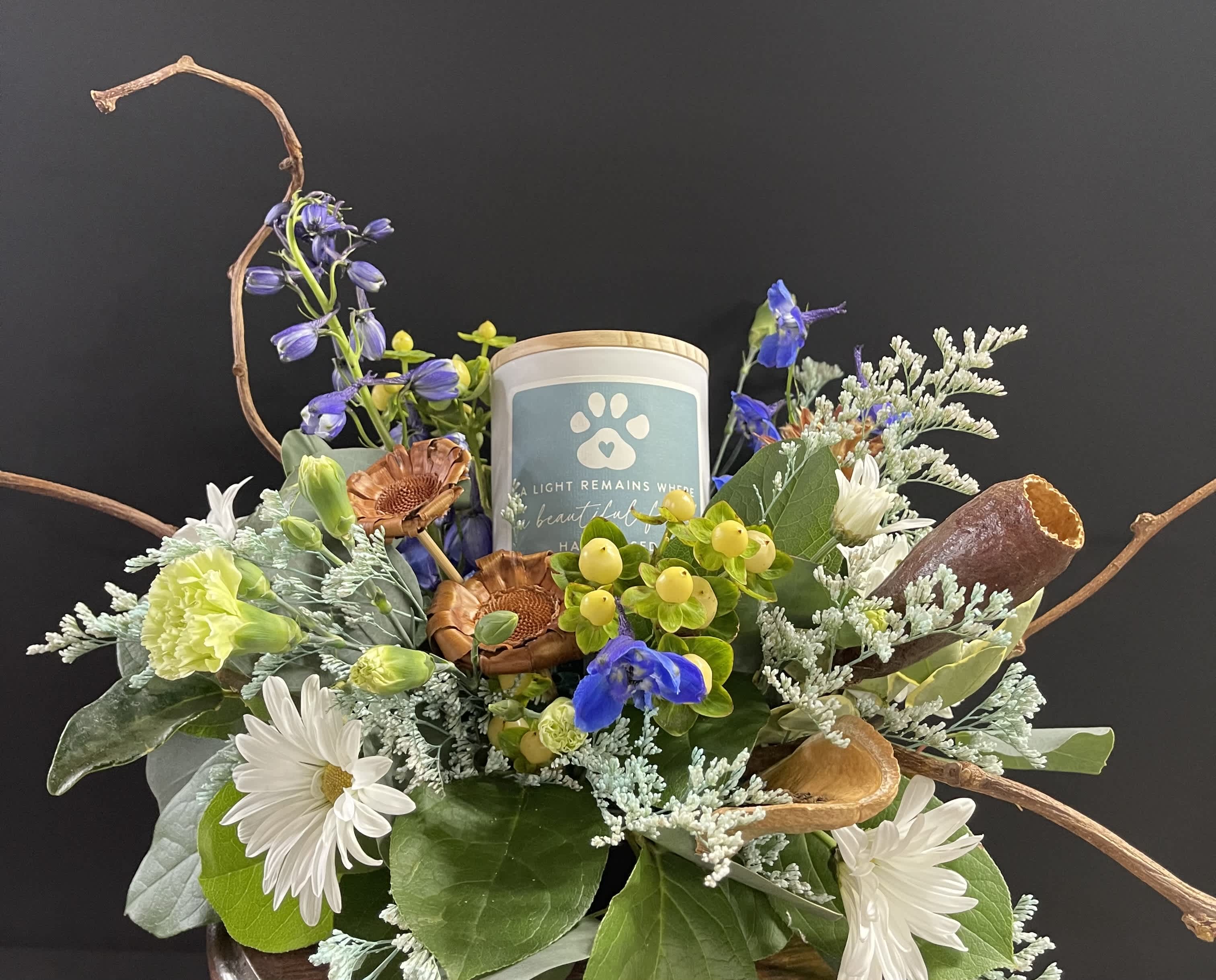 Beautiful Little Friend Pet Sympathy Candle &amp; Flowers - A thoughtful and sweet gift for a friend that has lost a pet.  It is a very hard thing to loose your special friend and this candle is a nice gift that keeps giving.  Nestled in flowers, this candle reads &quot;A Light Remains Where a Beautiful Friend has Passed&quot;.  The scent is Vanilla Delight. Flowers can be always be customized, let us know in &quot;Special Instructions&quot; or give us a call.