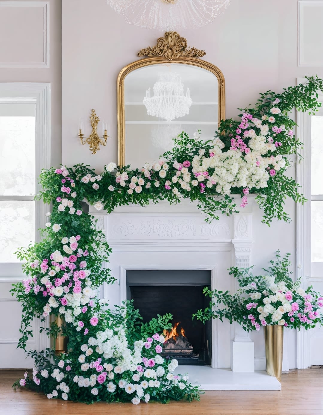 Romantic Glow Décor - Celebrate your love by framing your vows with a breathtaking floral-decorated fireplace. Lush greenery and delicate blooms combine to create a romantic ambiance. This stunning feature will leave a lasting impression on everyone.