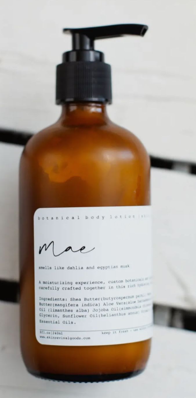MAE Botanical Body Lotion MAE Botanical Body Lotion - MAE Botanical Body Lotion Dahlia and Egyptian Musk A moisturizing experience, custom botanicals and signature scents carefully crafted, together, in this rich moisturizing lotion This lotion features shea butter, that provides essential nutrients to the skin. Rich in vitamin A and E, this lotion locks in moisture and softens dry skin with it's high levels of saturated and monosaturated fatty acids. Key Ingredients: Shea Butter(butyrospermum parkii) Sal (shorea) Butter Aloe Vera(aloe barbadensis) Coconut (cocos nucifera) Oil, Abyssinian (crambe abyssinica) Oil, Jojoba Oil(simmondsia chinensis) Vegan Glycerin, Sunflower Oil(helianthus annus) Vitamin E, Clean Fragrance Blend *These products are best used within 4-6 months of purchase.
