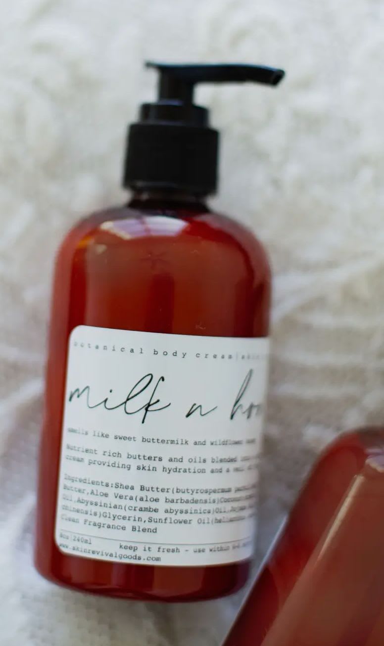MILK & HONEY Botanical Body Lotion MILK & HONEY Botanical Body Lotion - MILK & HONEY Botanical Body Lotion Buttermilk & Honey A moisturizing experience, custom botanicals and signature scents carefully crafted, together, in this rich moisturizing lotion This lotion features shea butter, that provides essential nutrients to the skin. Rich in vitamin A and E, this lotion locks in moisture and softens dry skin with it's high levels of saturated and monosaturated fatty acids. Key Ingredients: Shea Butter(butyrospermum parkii) Sal (shorea) Butter Aloe Vera(aloe barbadensis) Coconut (cocos nucifera) Oil, Abyssinian (crambe abyssinica) Oil, Jojoba Oil(simmondsia chinensis) Vegan Glycerin, Sunflower Oil(helianthus annus) Vitamin E, Clean Fragrance Blend *These products are best used within 4-6 months of purchase.