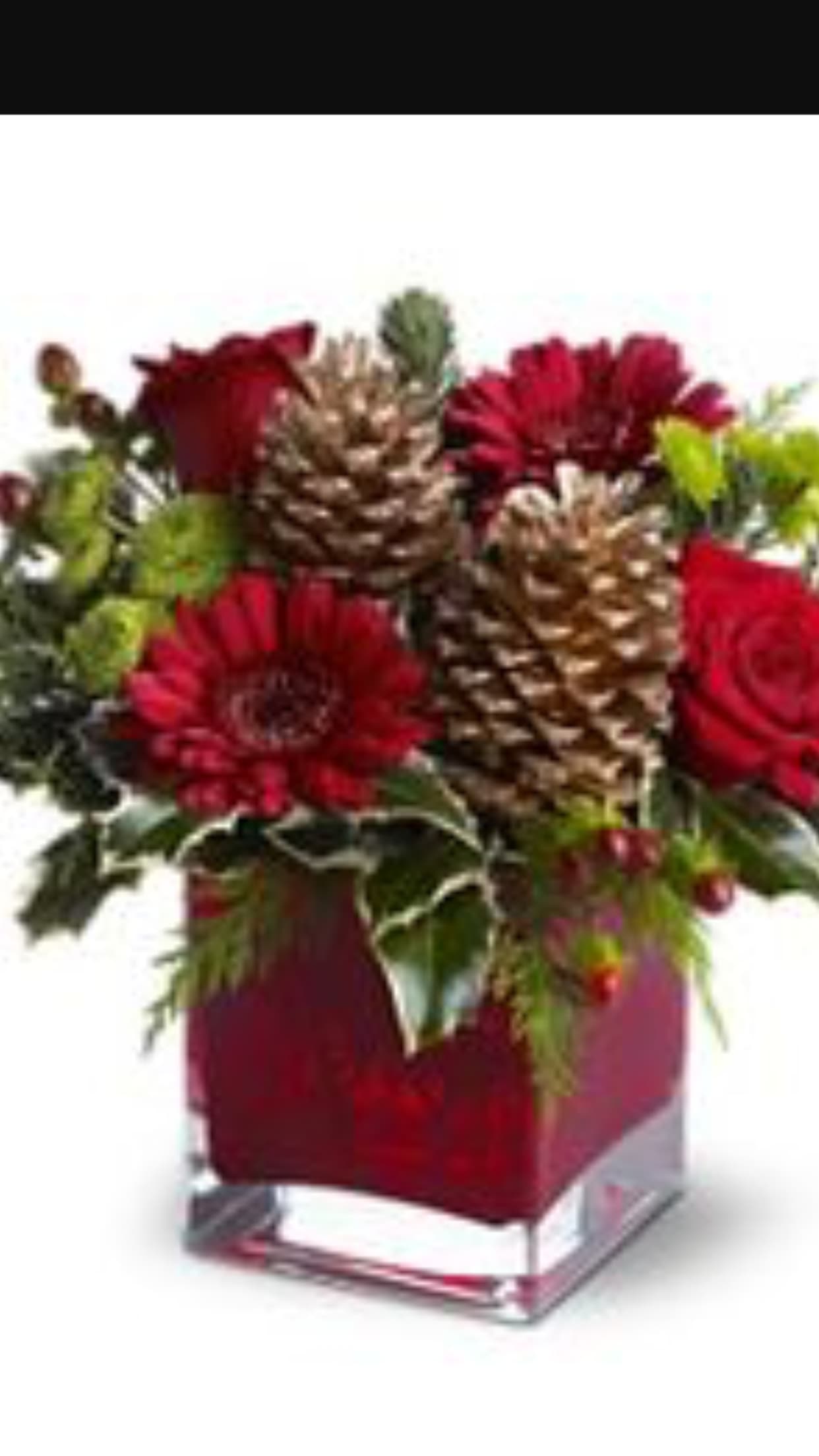 Christmas Cube - Red roses, asters, carnations, pinecones and orniments 