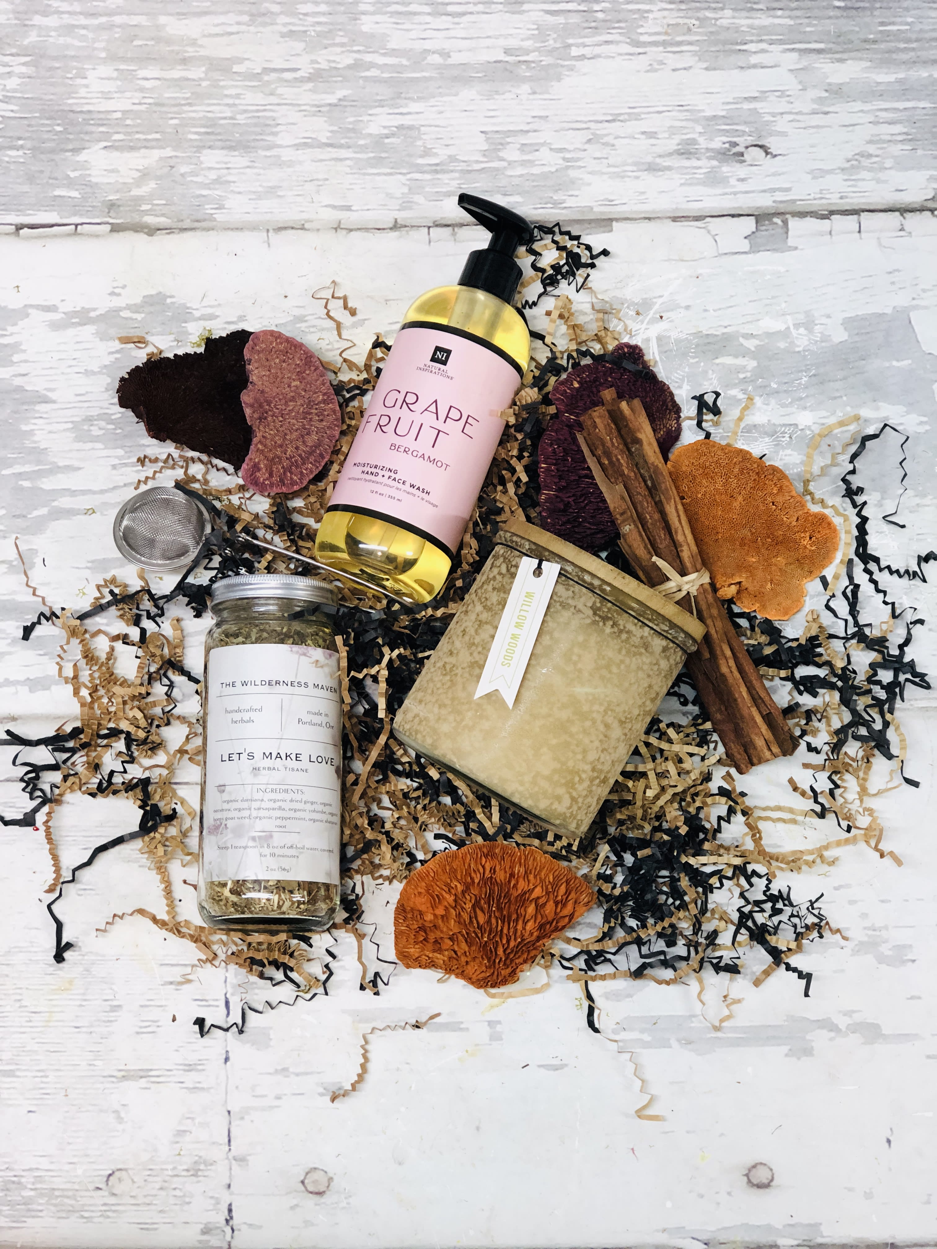 Romantic Evening Gift Basket Romantic Evening Gift Basket - Enjoy an evening at home with your special someone! What's Inside: Exclusive Paisley brand candle Natural Inspirations Moisturizing Hand + Face Wash Wilderness Maven loose leaf tea Tea leaf strainer