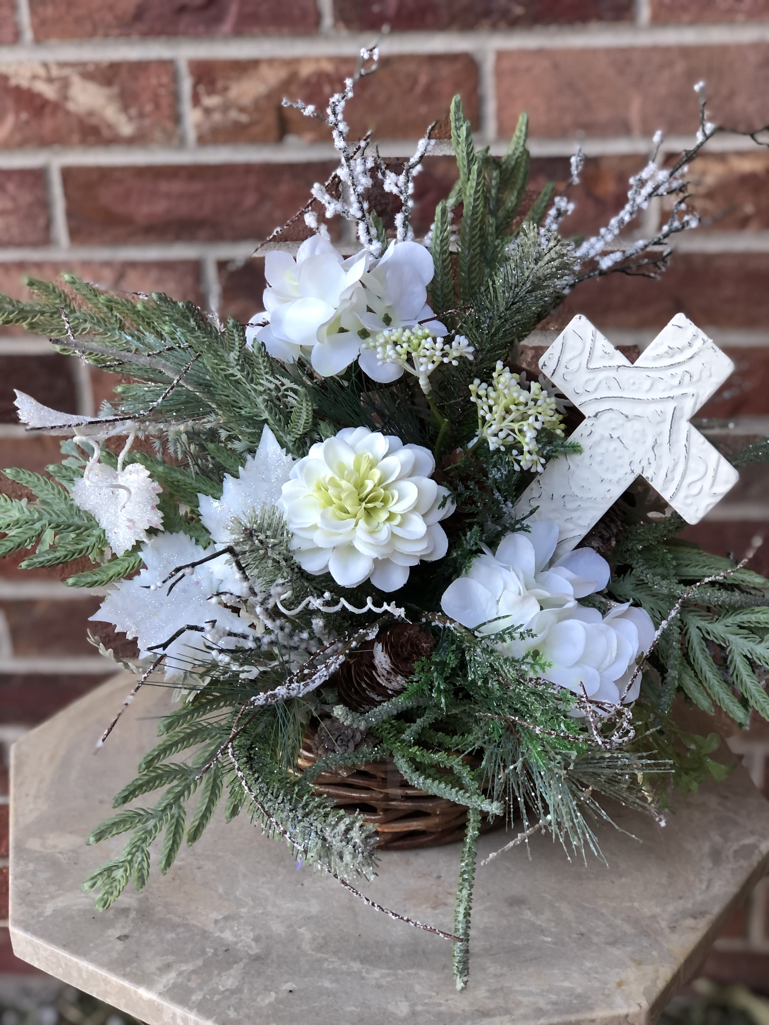 Holy Night Christmas Centerpiece Holy Night Christmas Centerpiece - Frosted accents and Christmas greens make this piece elegant. Approx. 15" x 15"
