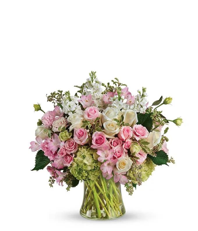 Peaceful Spring Bouquet - This bountiful garden of roses, hydrangea and more is the perfect bouquet to impress and amaze! A truly bold and unique garden of premium blooms is the perfect gift for Mother's Day or to impress your loved one on their special day. 